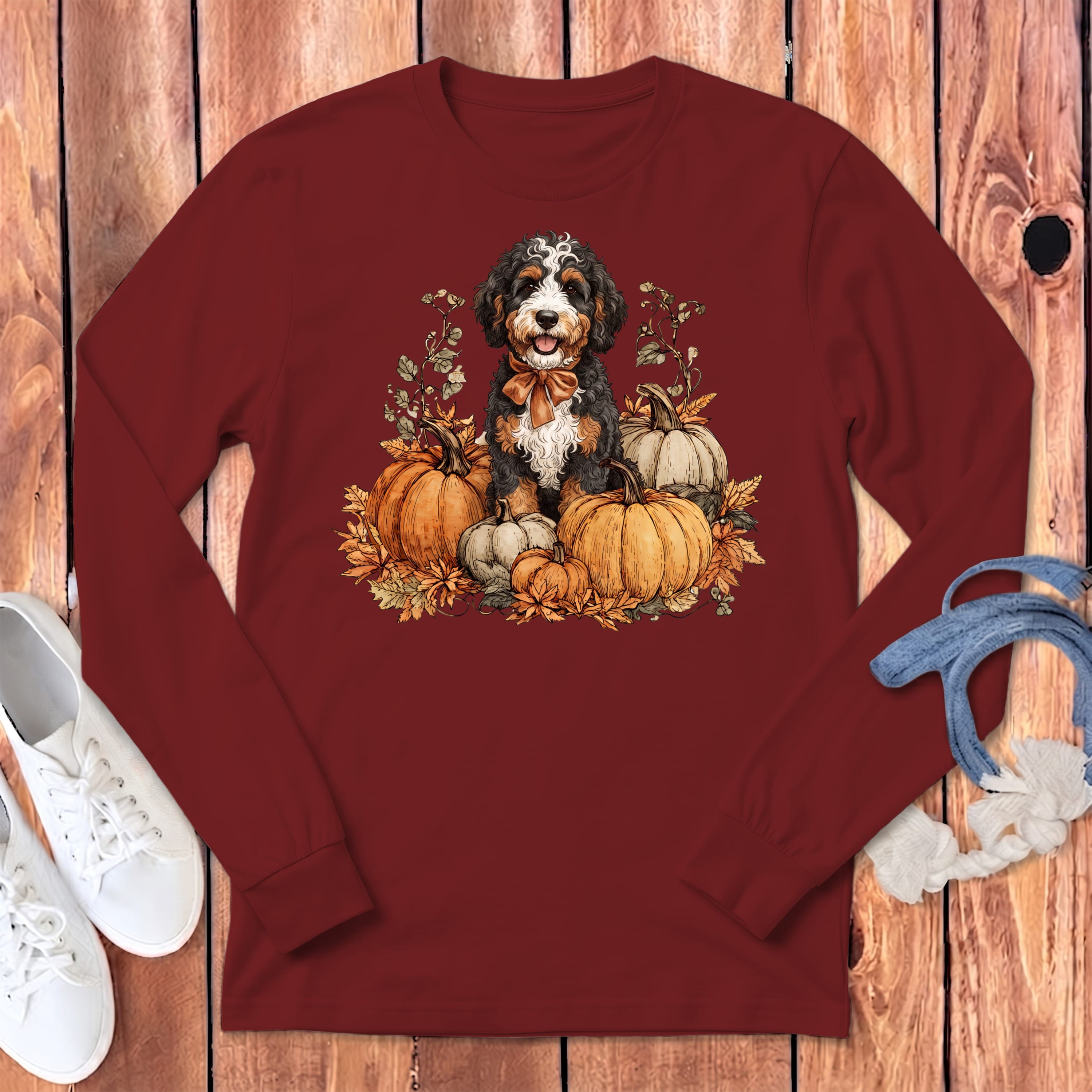 Bernedoodle Pumpkin Time Long Sleeve T-Shirt in S / Cardinal by Puppy Jo