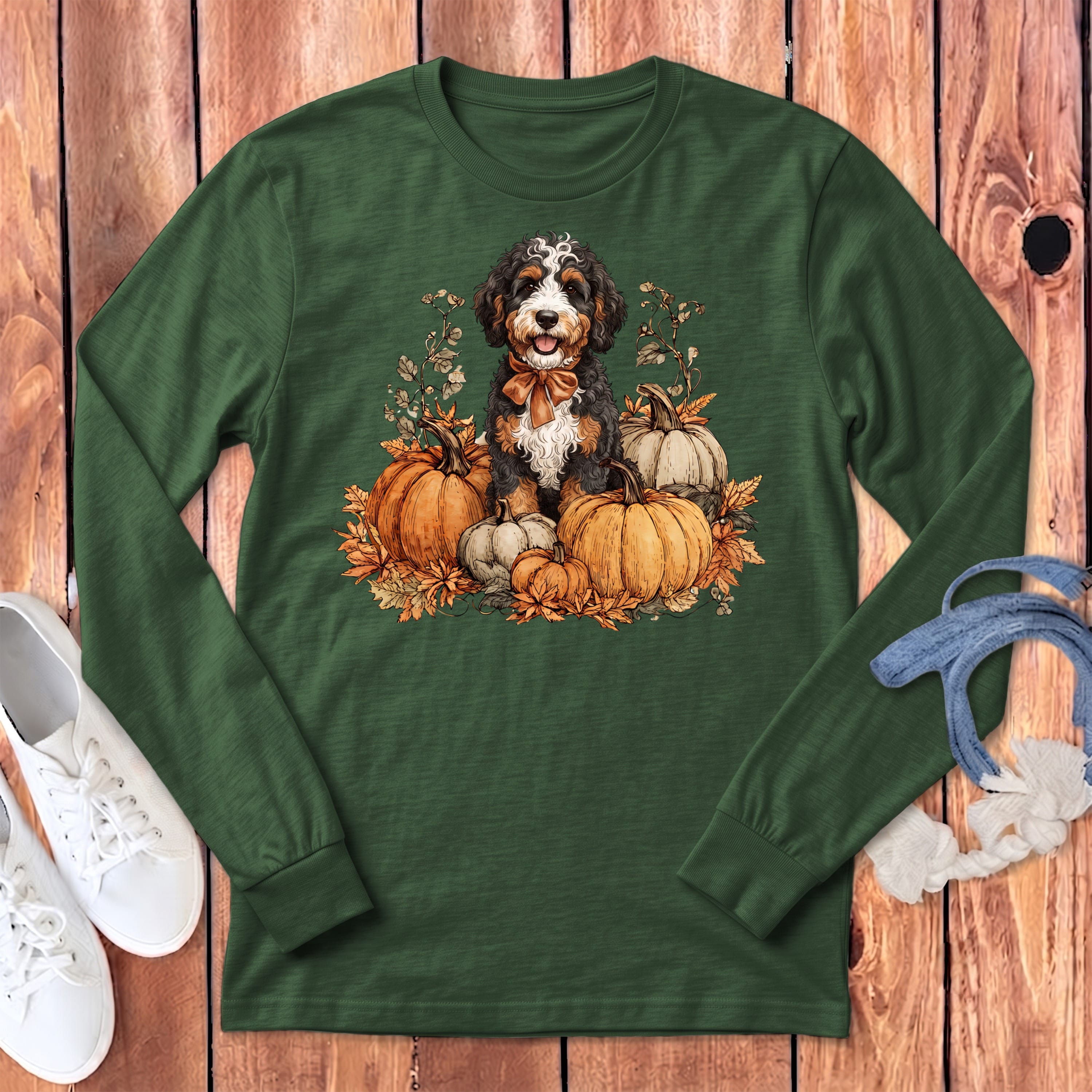 Bernedoodle Pumpkin Time Long Sleeve T-Shirt in S / Heather Forest by Puppy Jo