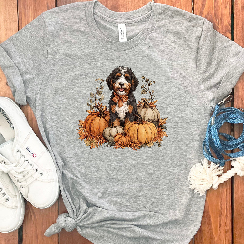 Bernedoodle Pumpkin Time T-Shirt in Athletic Heather / S by Puppy Jo