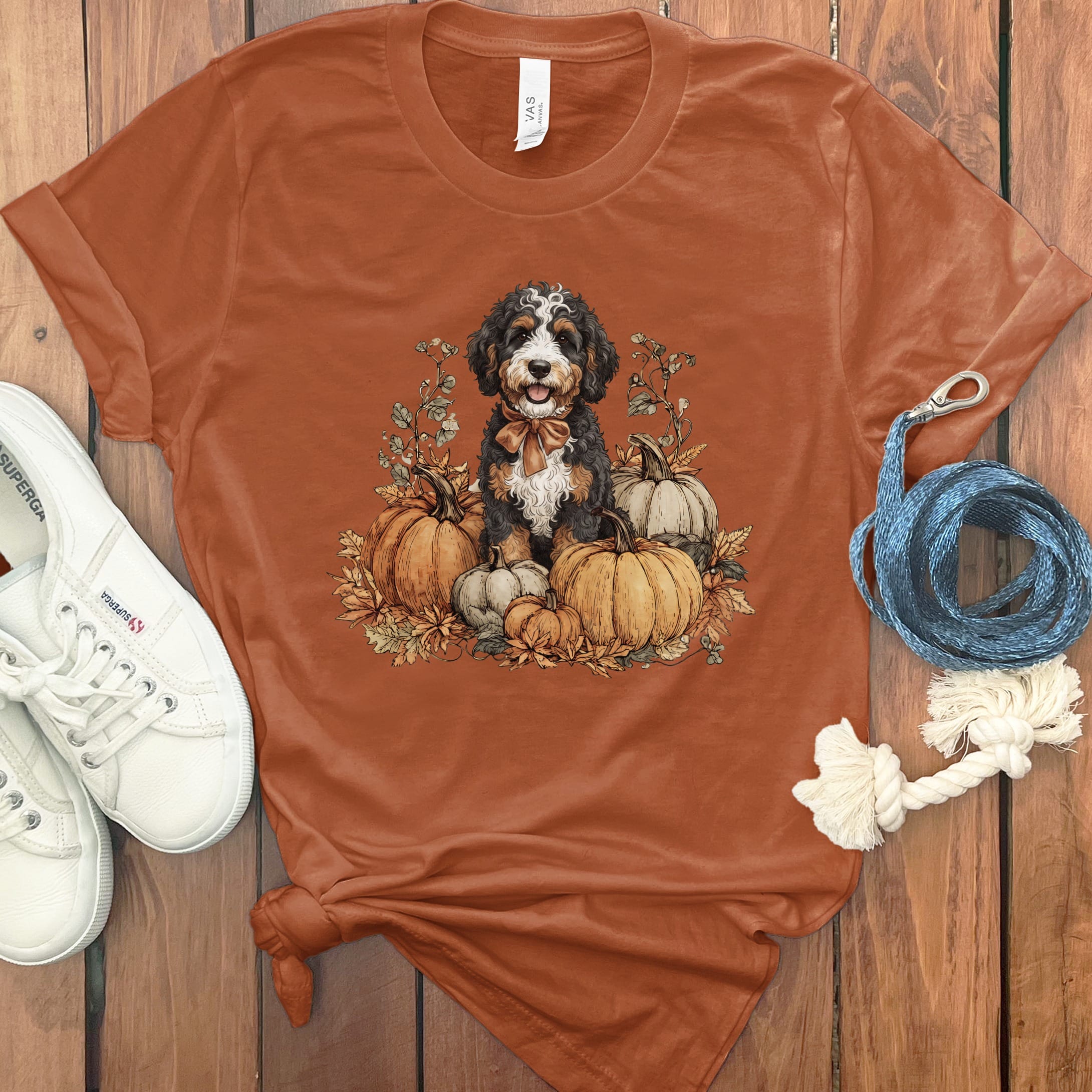 Bernedoodle Pumpkin Time T-Shirt in Autumn / S by Puppy Jo