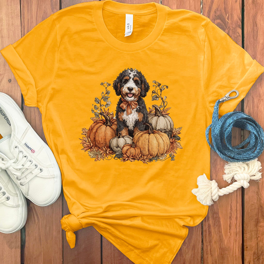Bernedoodle Pumpkin Time T-Shirt in Gold / S by Puppy Jo