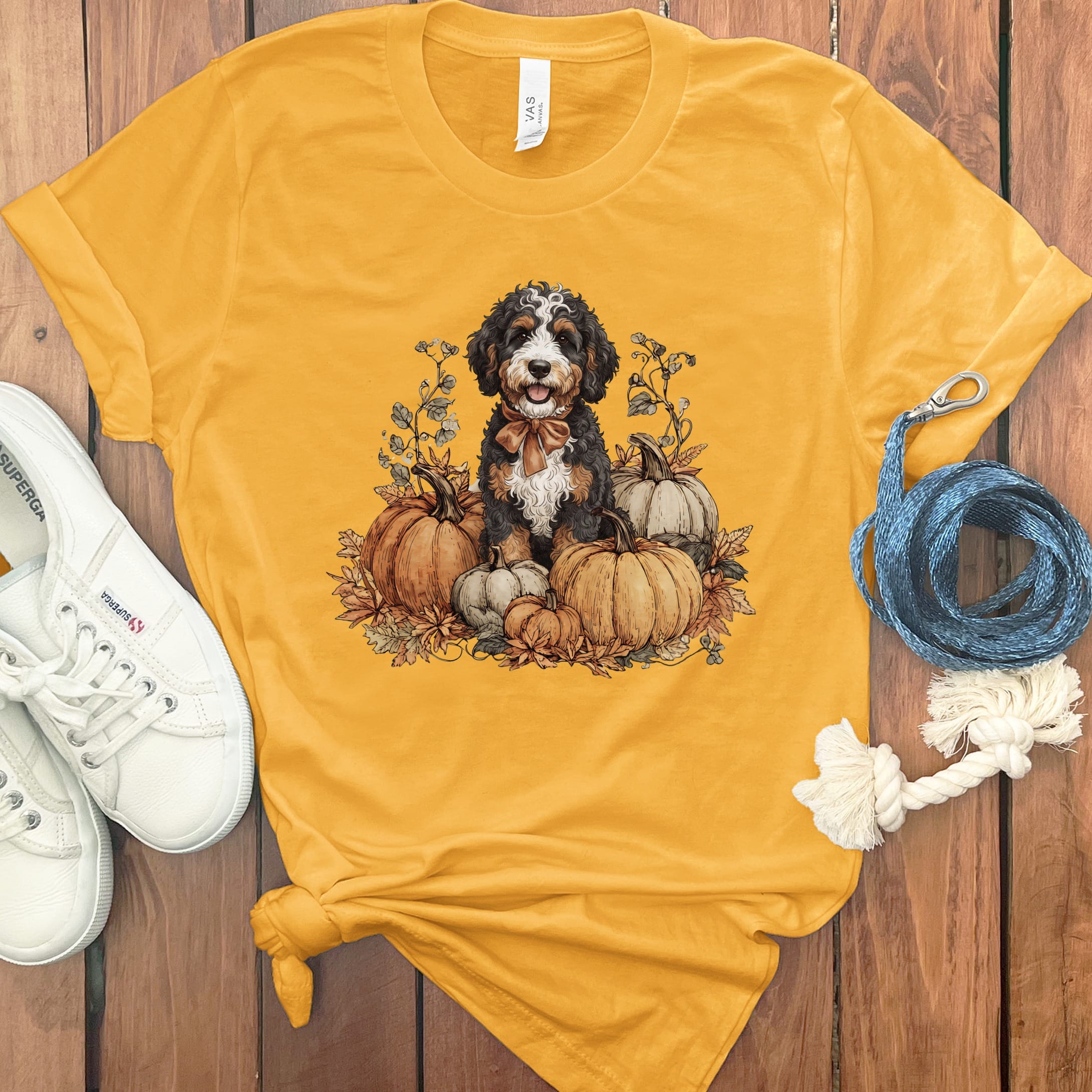 Bernedoodle Pumpkin Time T-Shirt in Gold / S by Puppy Jo