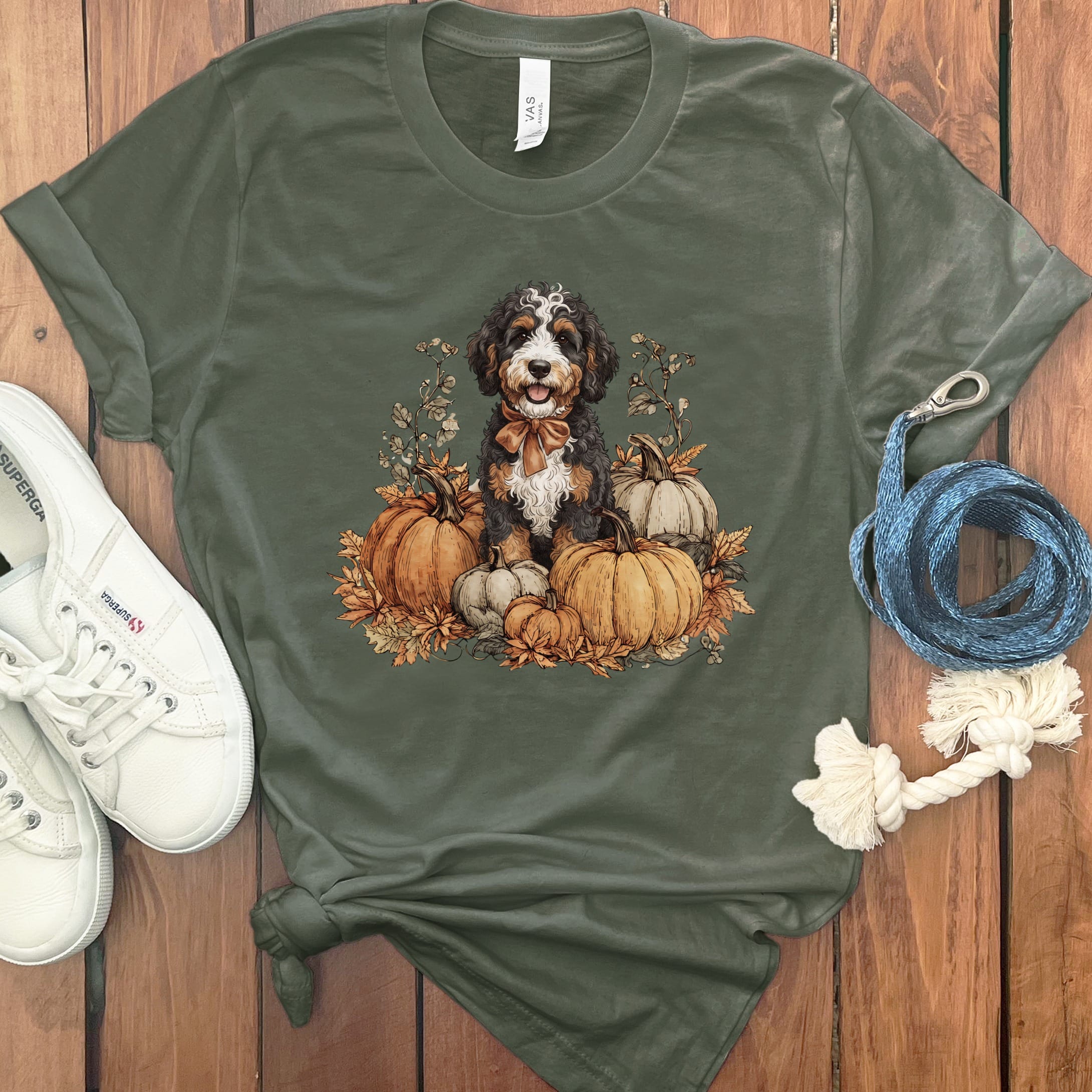 Bernedoodle Pumpkin Time T-Shirt in Military Green / S by Puppy Jo