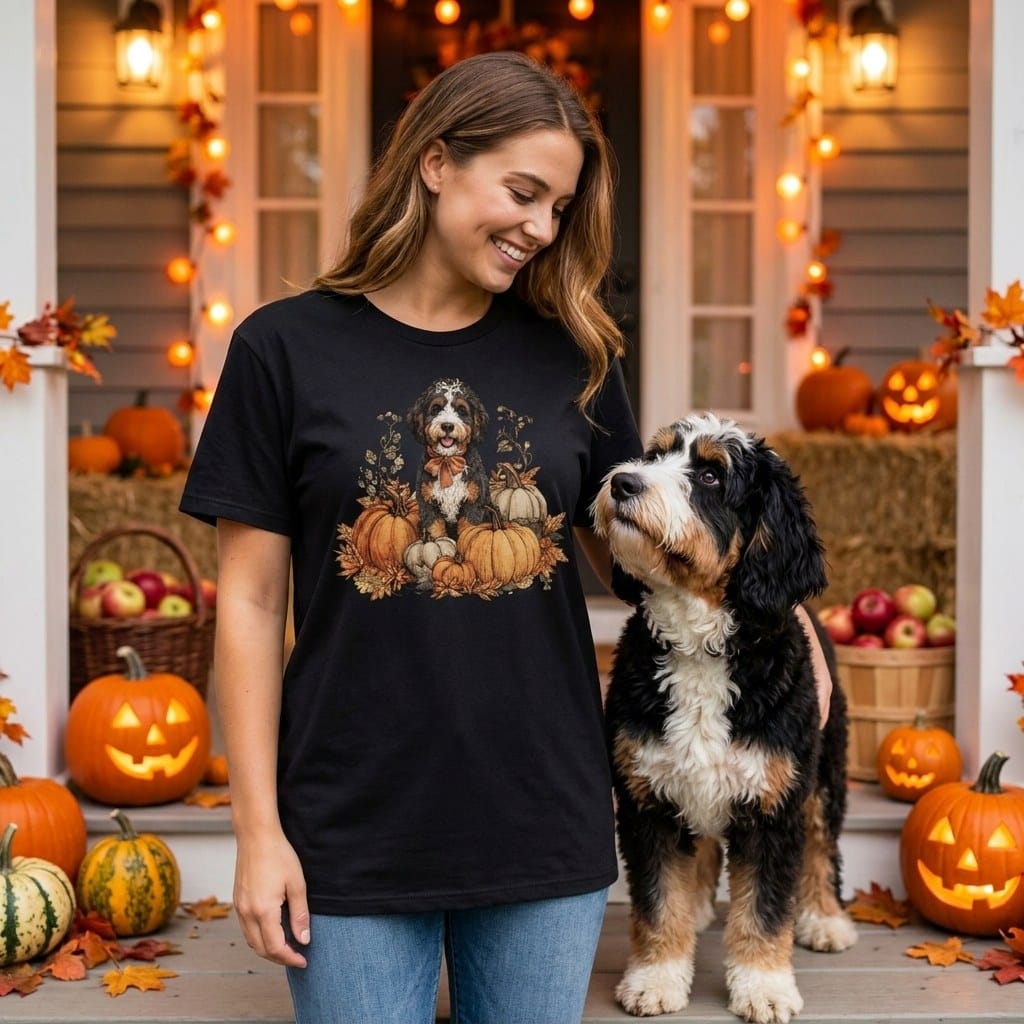 Bernedoodle Pumpkin Time T-Shirt in by Puppy Jo