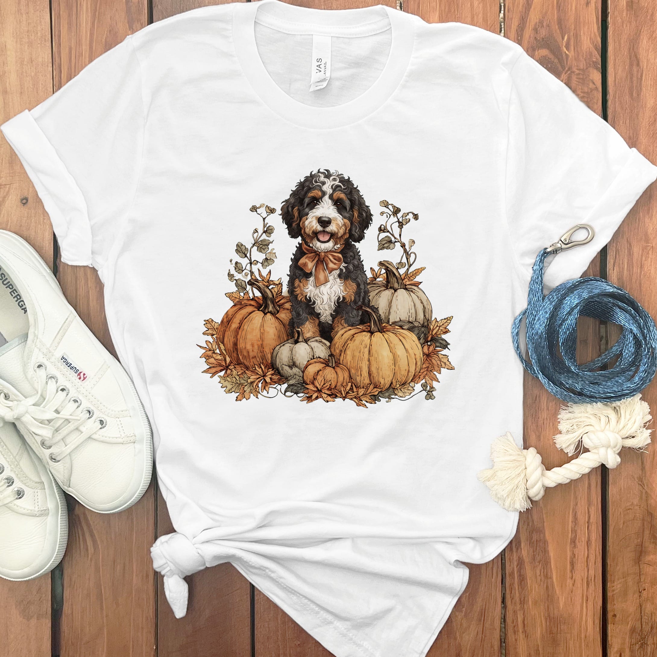 Bernedoodle Pumpkin Time T-Shirt in White / S by Puppy Jo