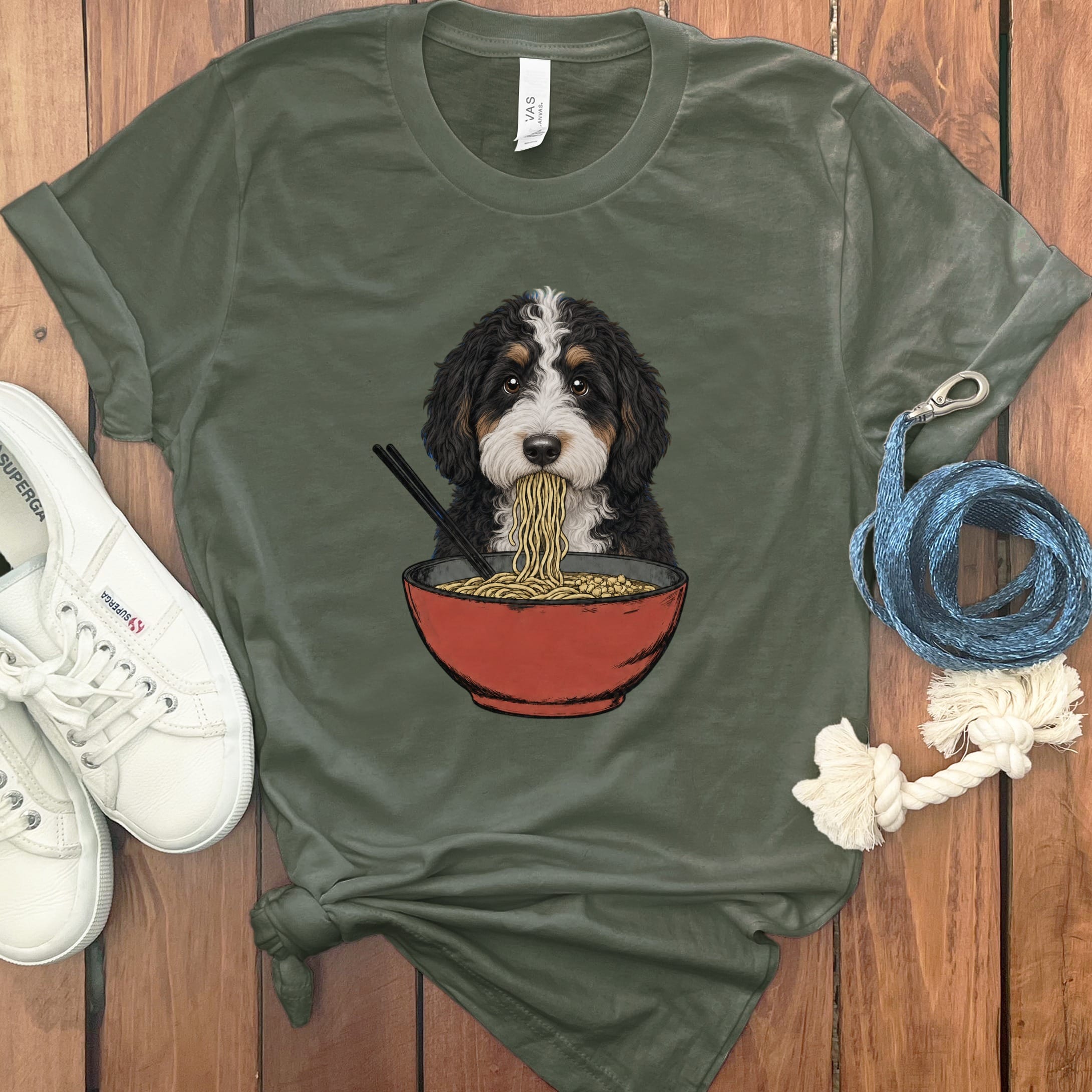 Bernedoodle Ramen T-Shirt in Military Green / S / - by Puppy Jo