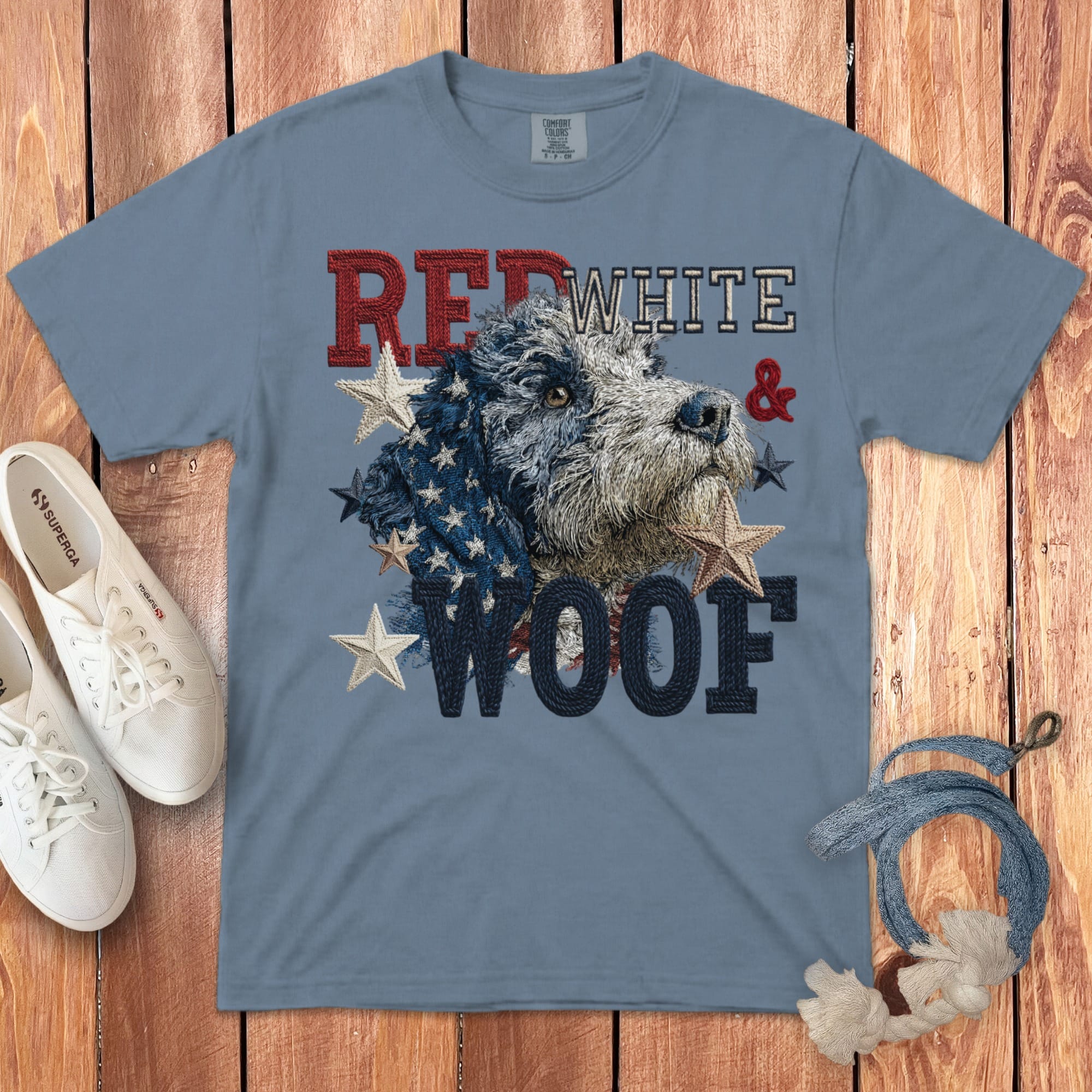Bernedoodle Red White Signature T-Shirt in Blue Jean / M by Puppy Jo