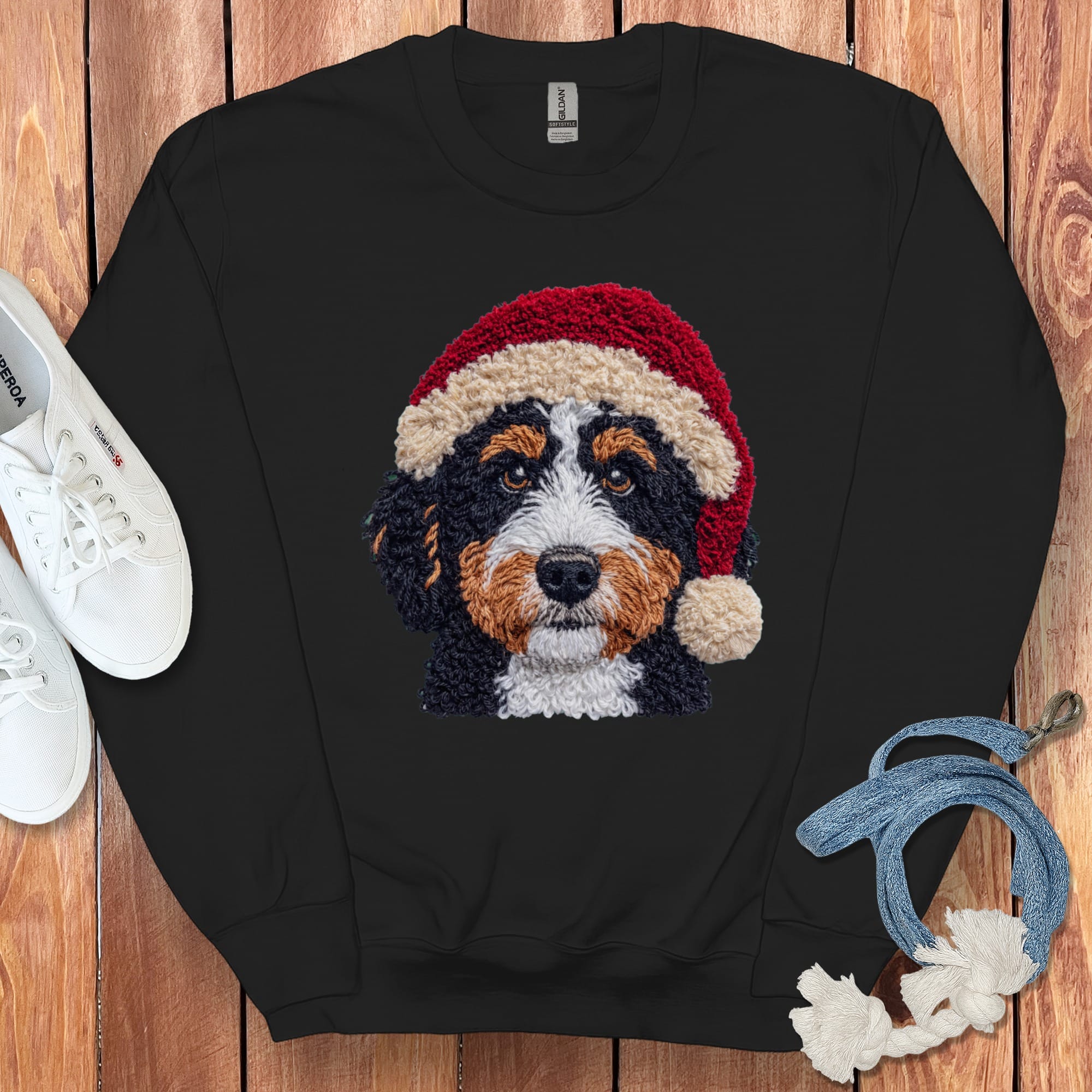 Bernedoodle Santa Faux Yarn Sweatshirt in Black / S by Puppy Jo