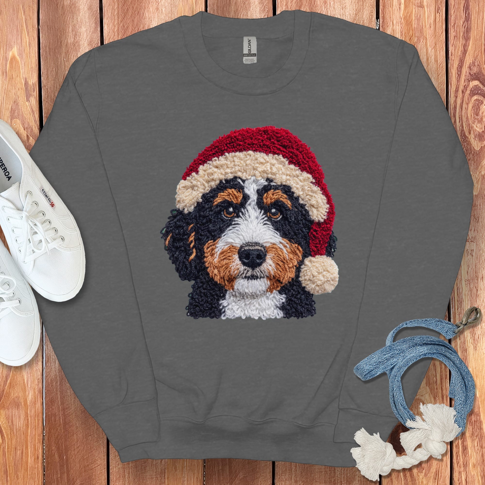 Bernedoodle Santa Faux Yarn Sweatshirt in Dark Heather / S by Puppy Jo
