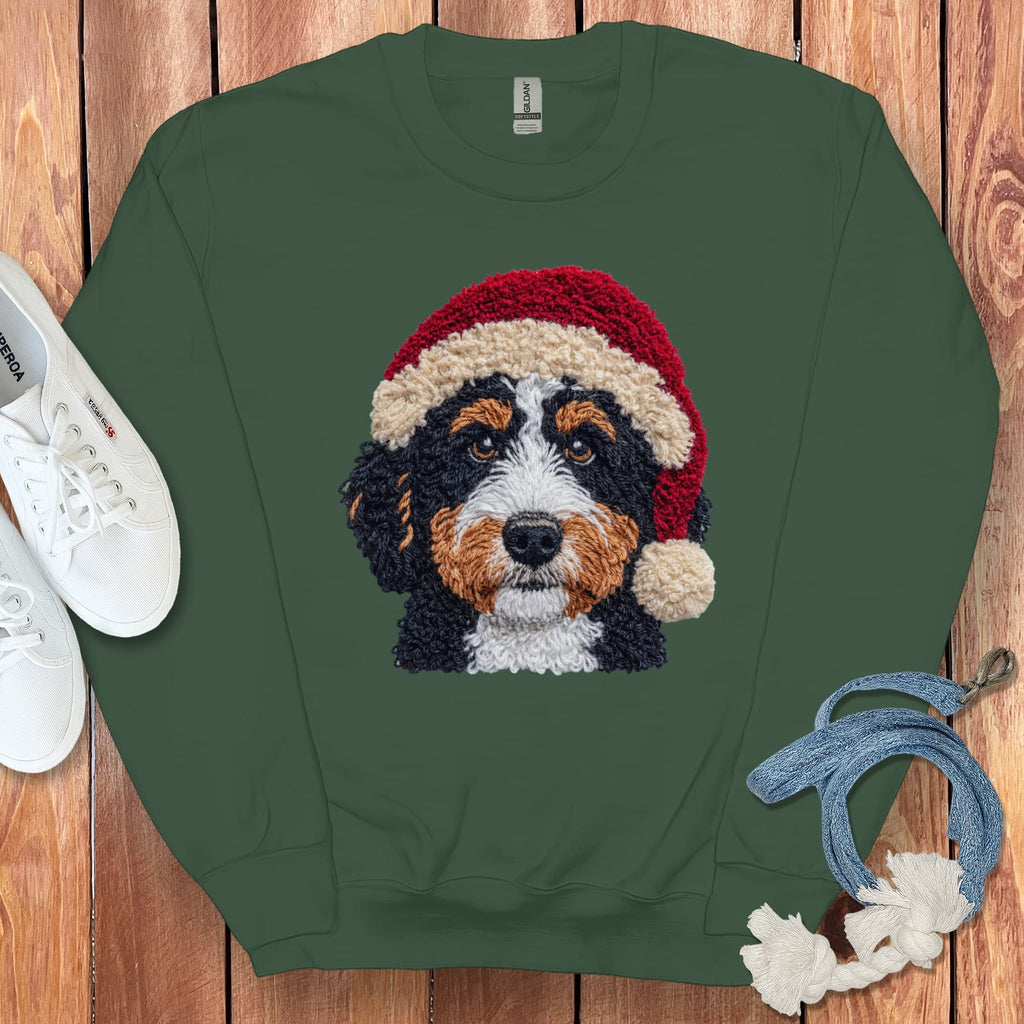 Bernedoodle Santa Faux Yarn Sweatshirt in Forest Green / S by Puppy Jo