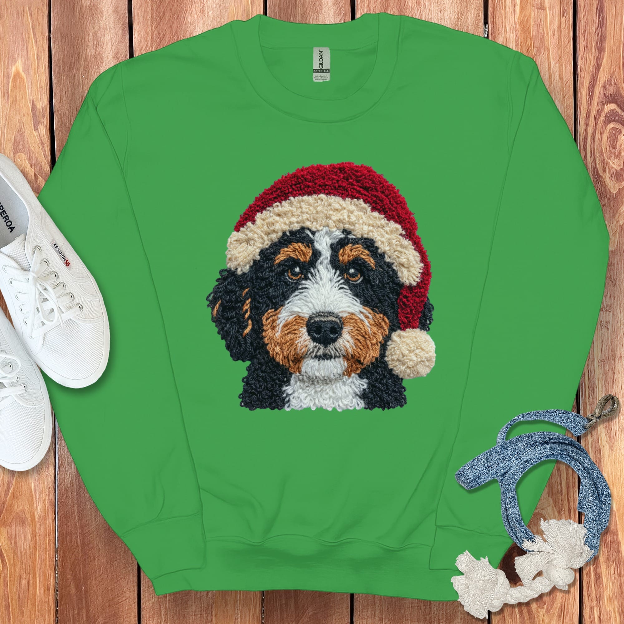 Bernedoodle Santa Faux Yarn Sweatshirt in Irish Green / S by Puppy Jo