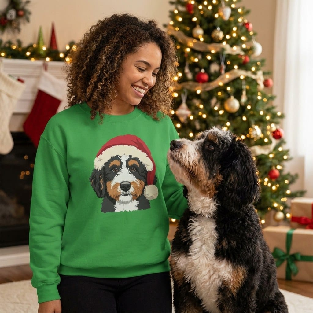 Bernedoodle Santa Faux Yarn Sweatshirt in by Puppy Jo