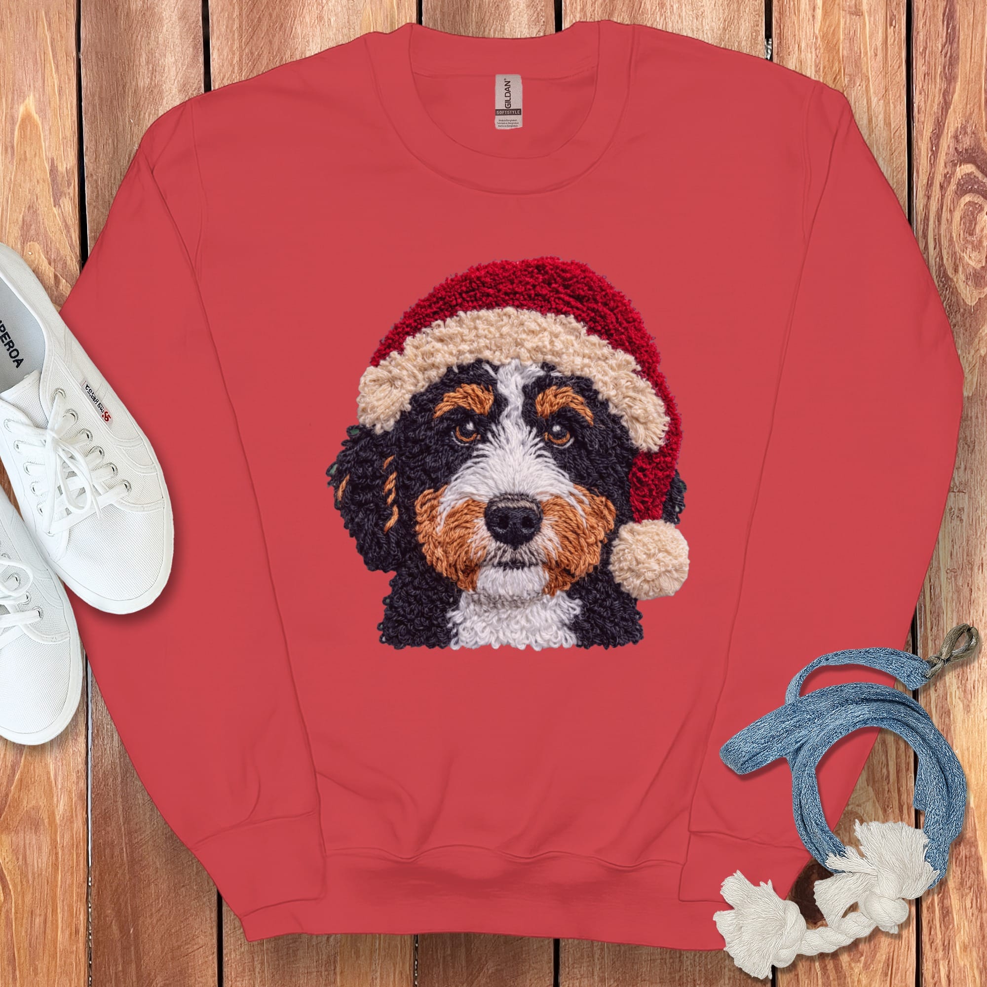Bernedoodle Santa Faux Yarn Sweatshirt in Red / S by Puppy Jo