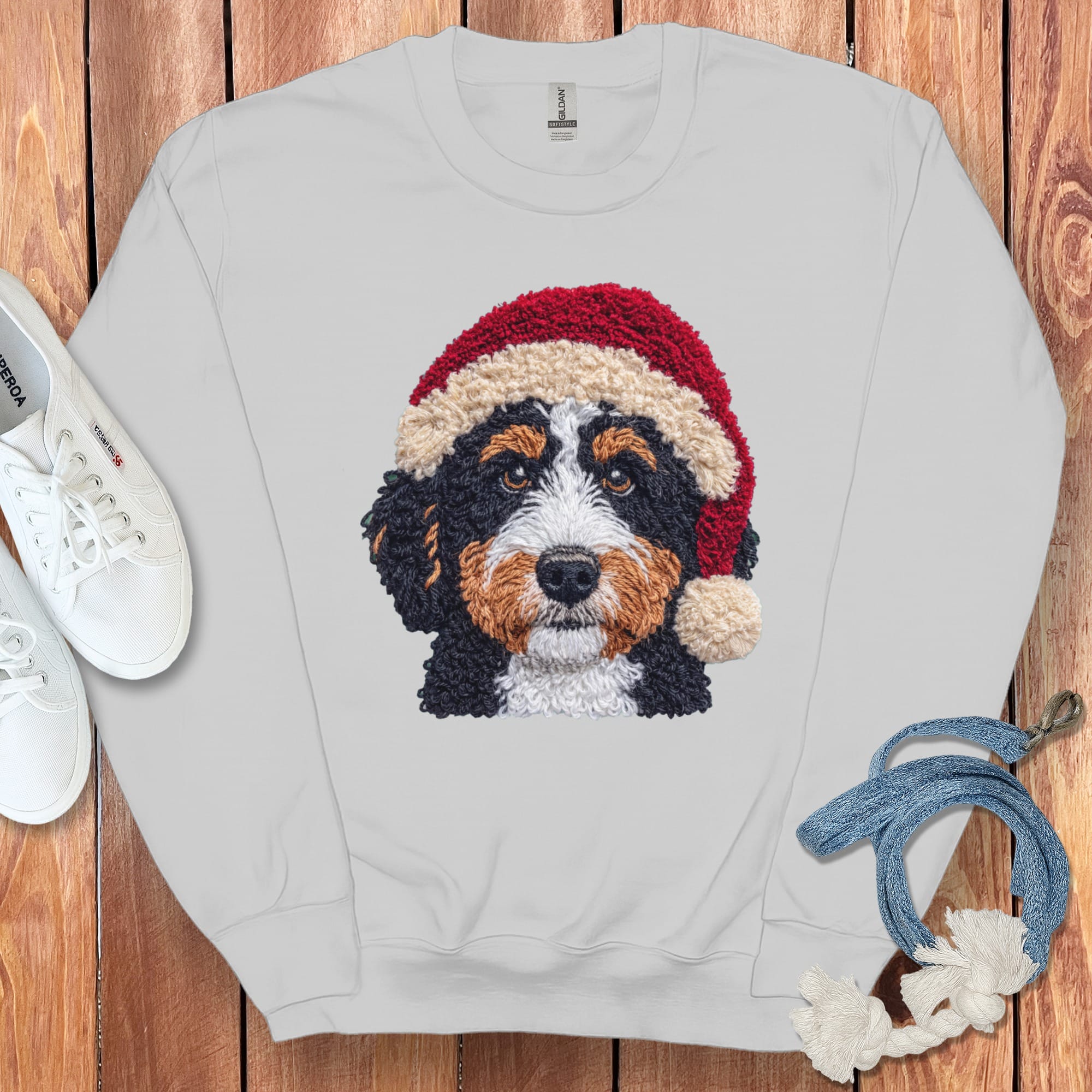 Bernedoodle Santa Faux Yarn Sweatshirt in Sport Grey / S by Puppy Jo