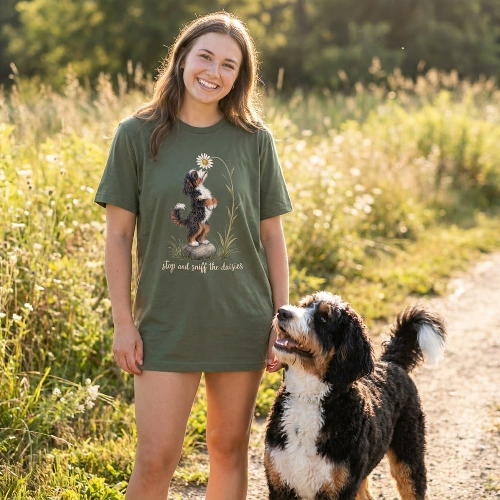 Bernedoodle Sniff Daisies T-Shirt in by Puppy Jo