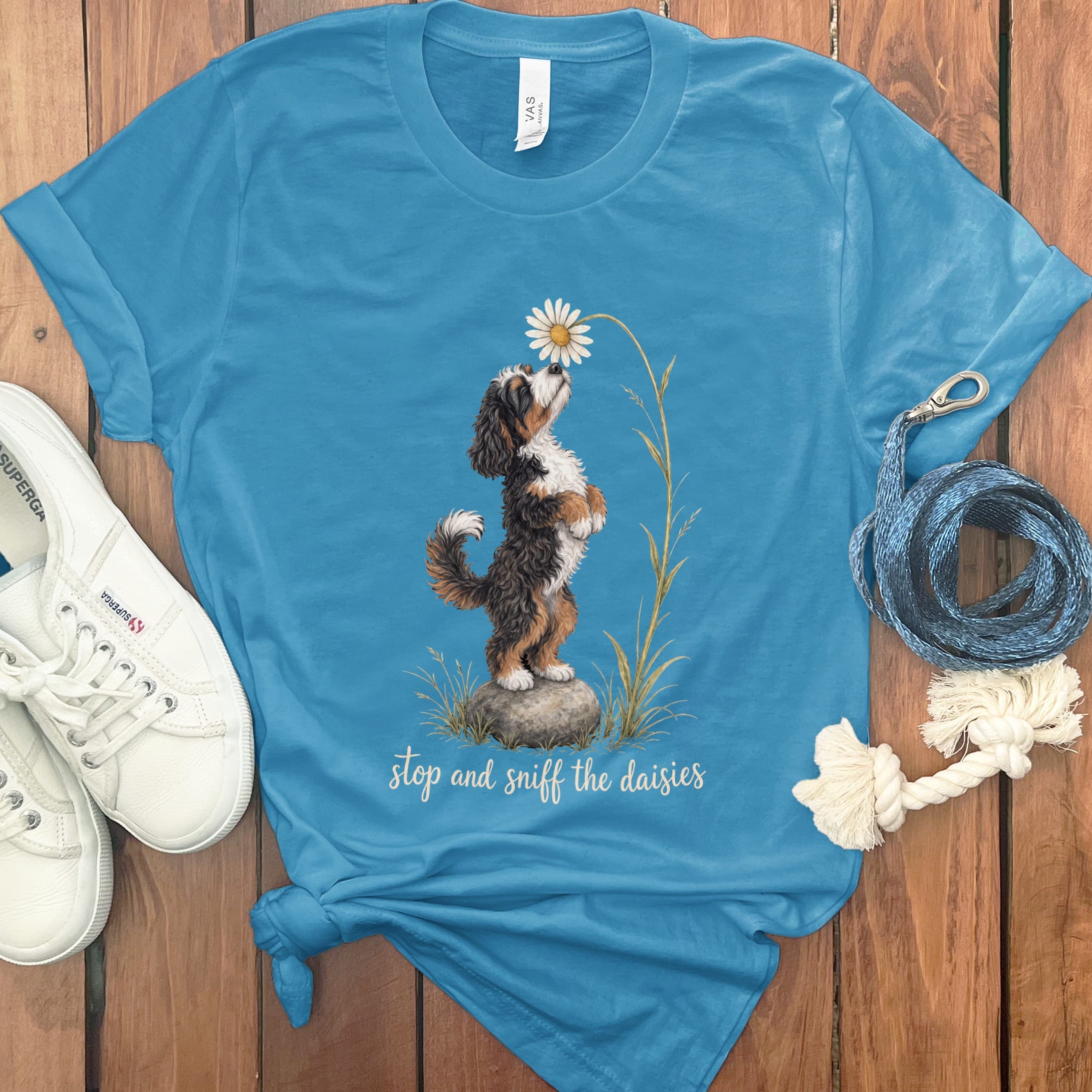 Bernedoodle Sniff Daisies T-Shirt in S / Aqua by Puppy Jo