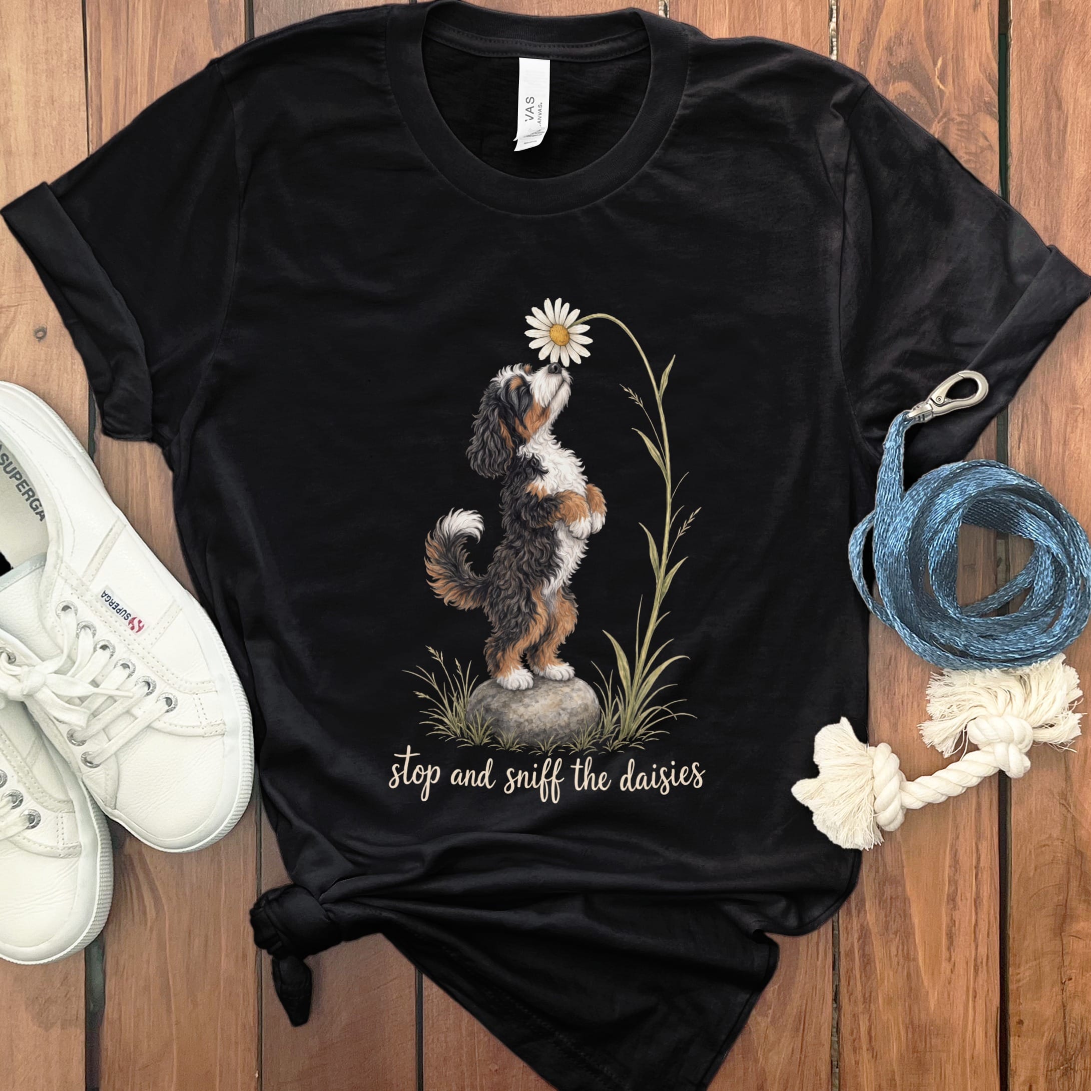Bernedoodle Sniff Daisies T-Shirt in S / Black by Puppy Jo
