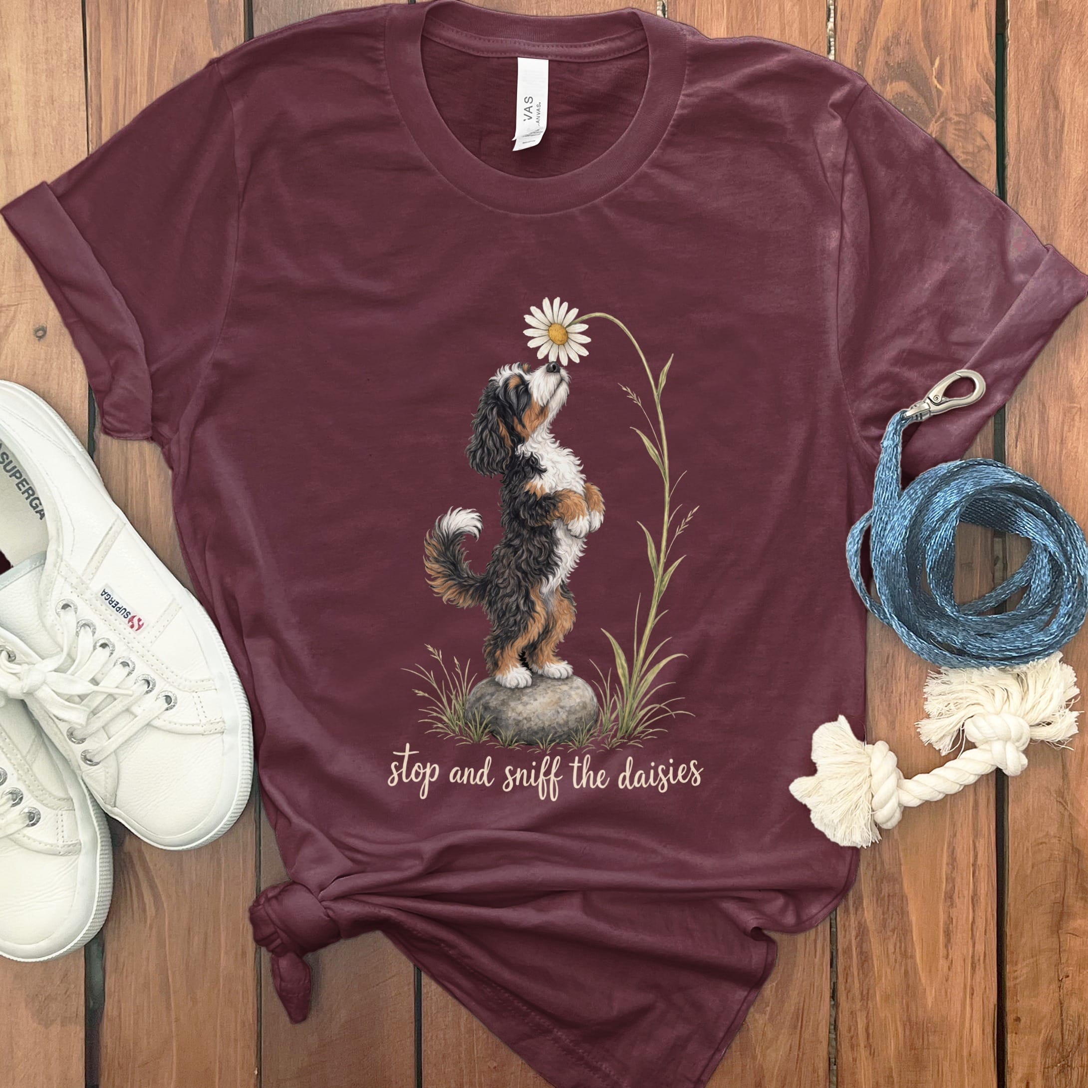 Bernedoodle Sniff Daisies T-Shirt in S / Maroon by Puppy Jo