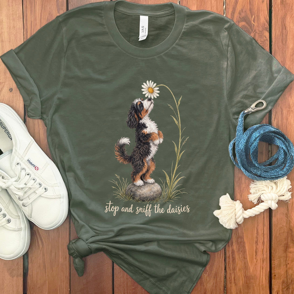 Bernedoodle Sniff Daisies T-Shirt in S / Military Green by Puppy Jo