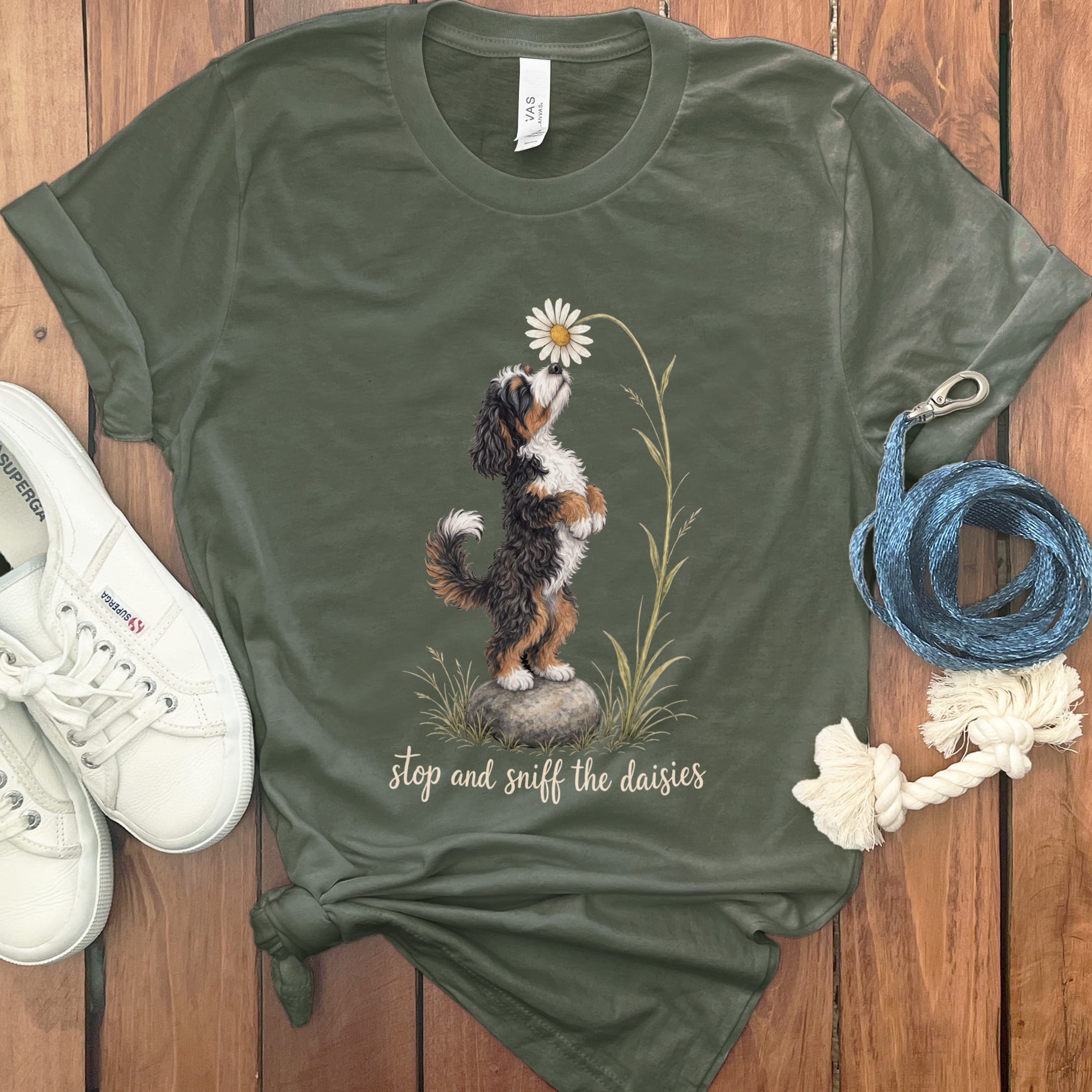 Bernedoodle Sniff Daisies T-Shirt in S / Military Green by Puppy Jo