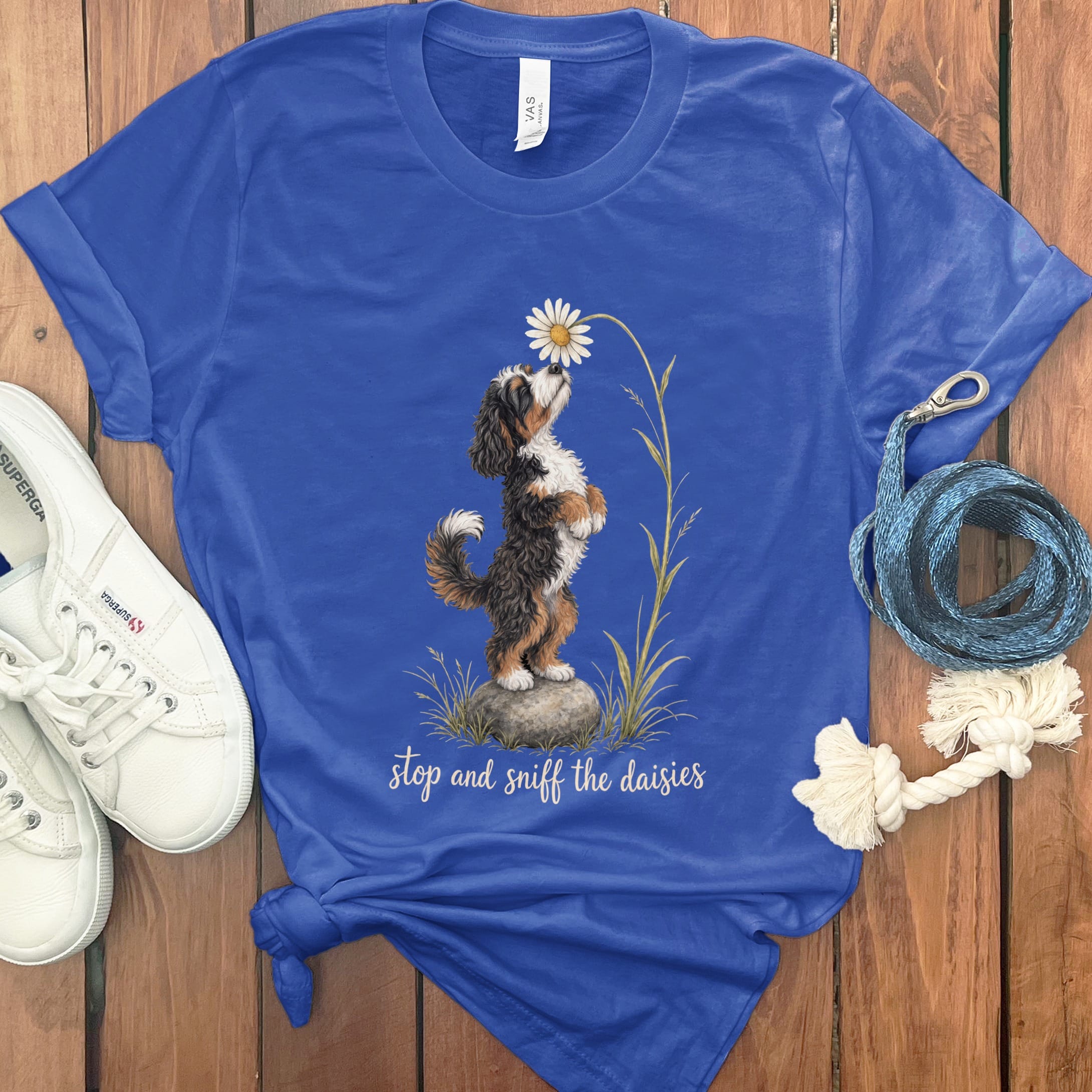 Bernedoodle Sniff Daisies T-Shirt in S / True Royal by Puppy Jo