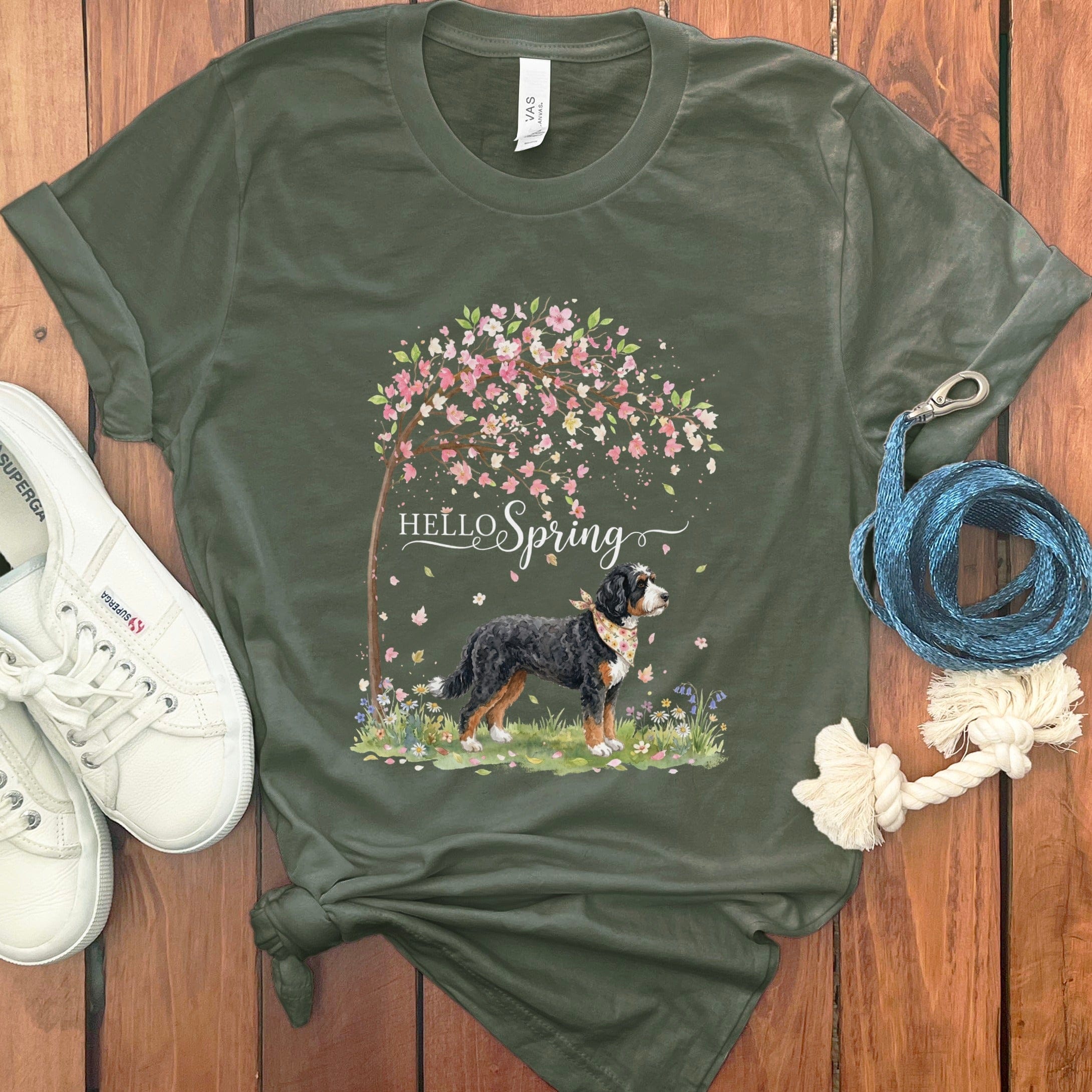 Bernedoodle Spring T-Shirt in Military Green / S by Puppy Jo
