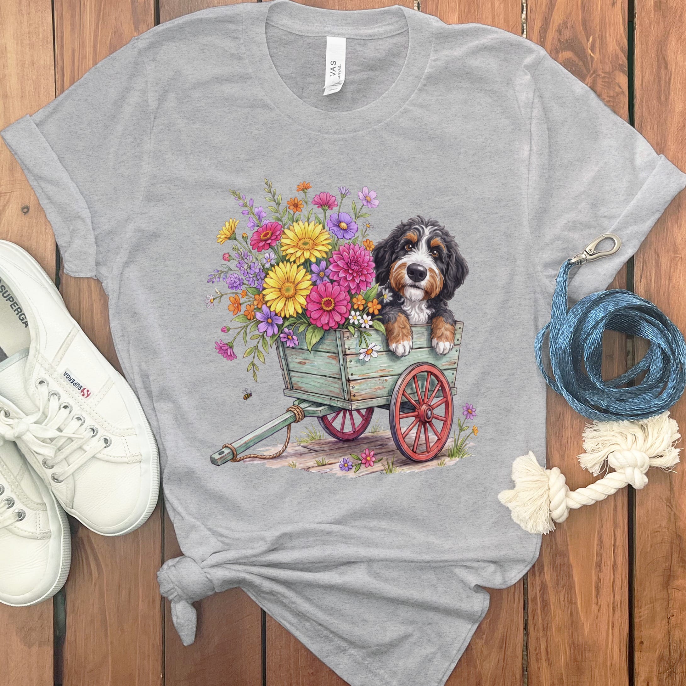 Bernedoodle Spring Wagon T-Shirt in Athletic Heather / S by Puppy Jo