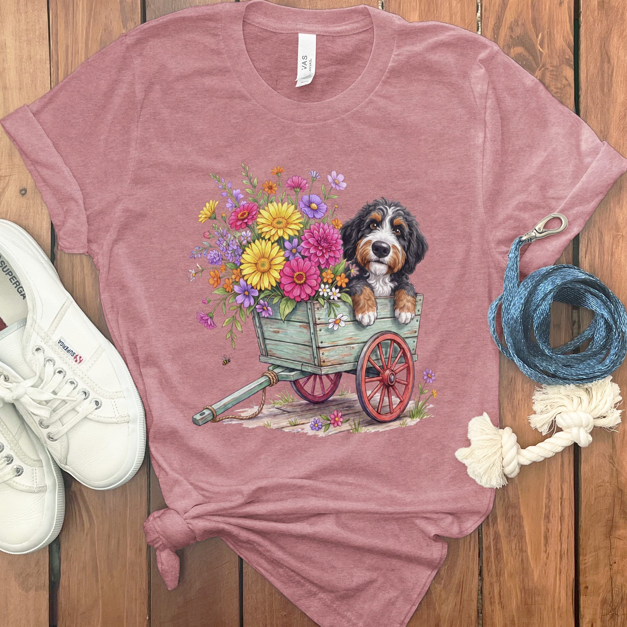 Bernedoodle Spring Wagon T-Shirt in Heather Mauve / S by Puppy Jo