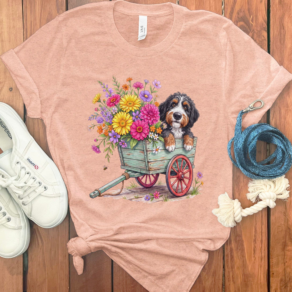 Bernedoodle Spring Wagon T-Shirt in Heather Peach / S by Puppy Jo