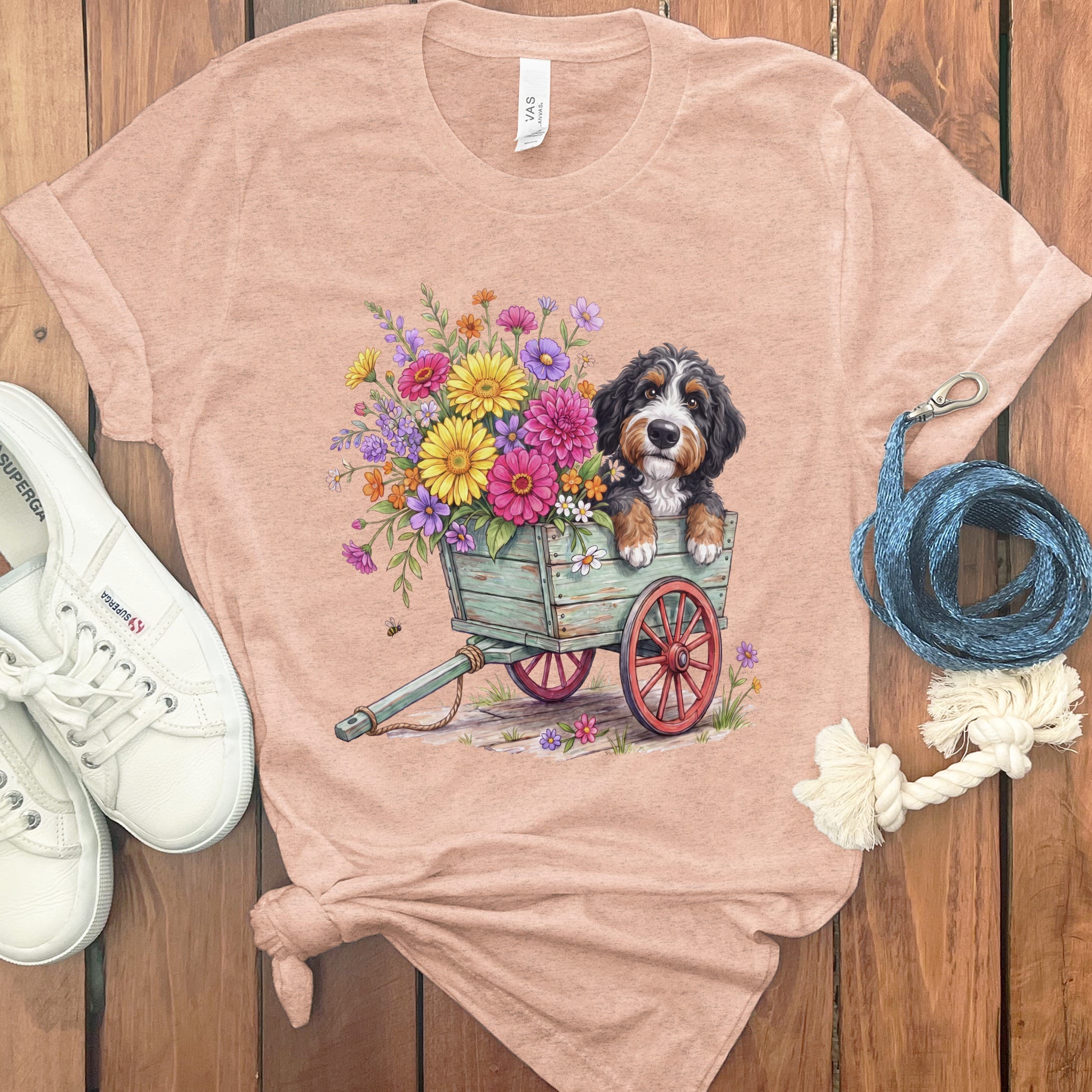 Bernedoodle Spring Wagon T-Shirt in Heather Peach / S by Puppy Jo
