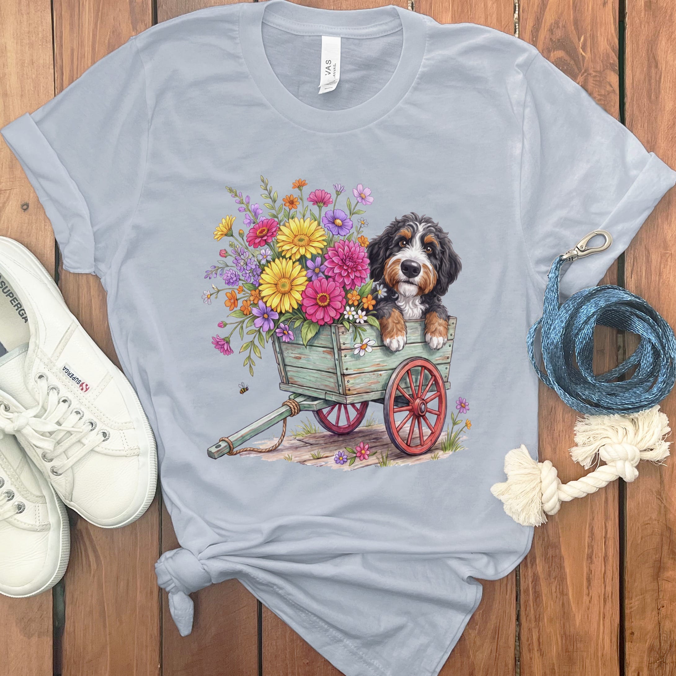 Bernedoodle Spring Wagon T-Shirt in Light Blue / S by Puppy Jo