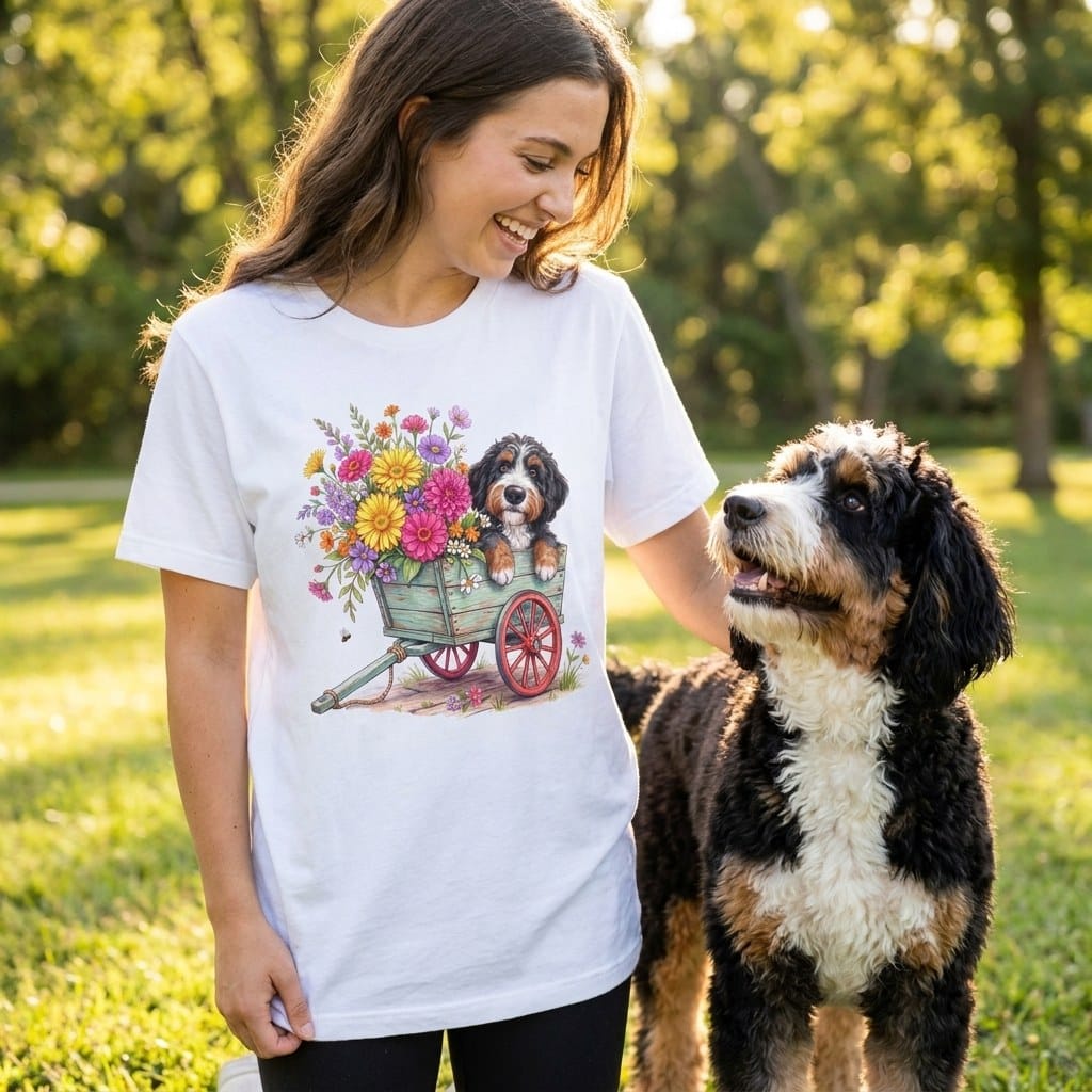 Bernedoodle Spring Wagon T-Shirt in by Puppy Jo