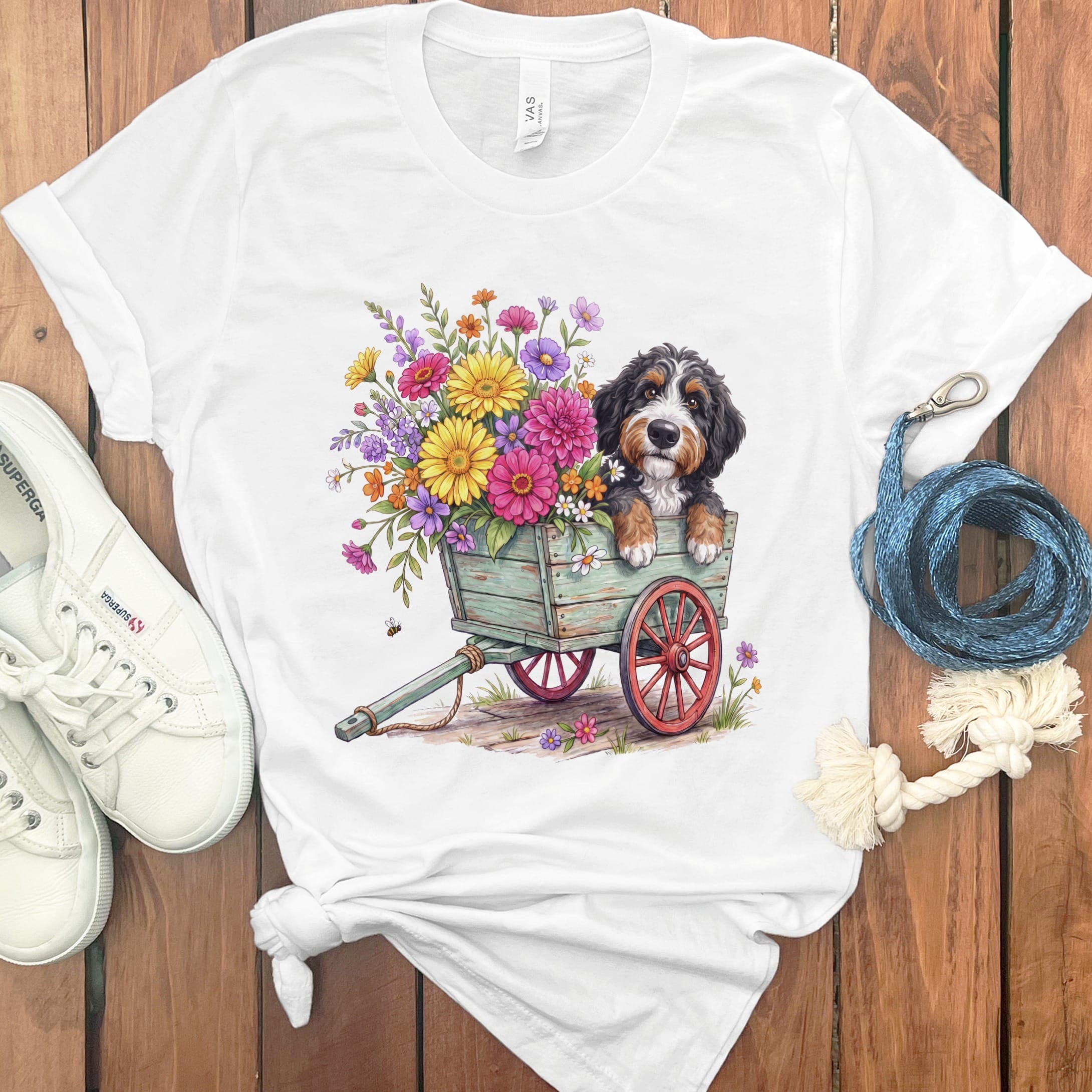 Bernedoodle Spring Wagon T-Shirt in White / S by Puppy Jo