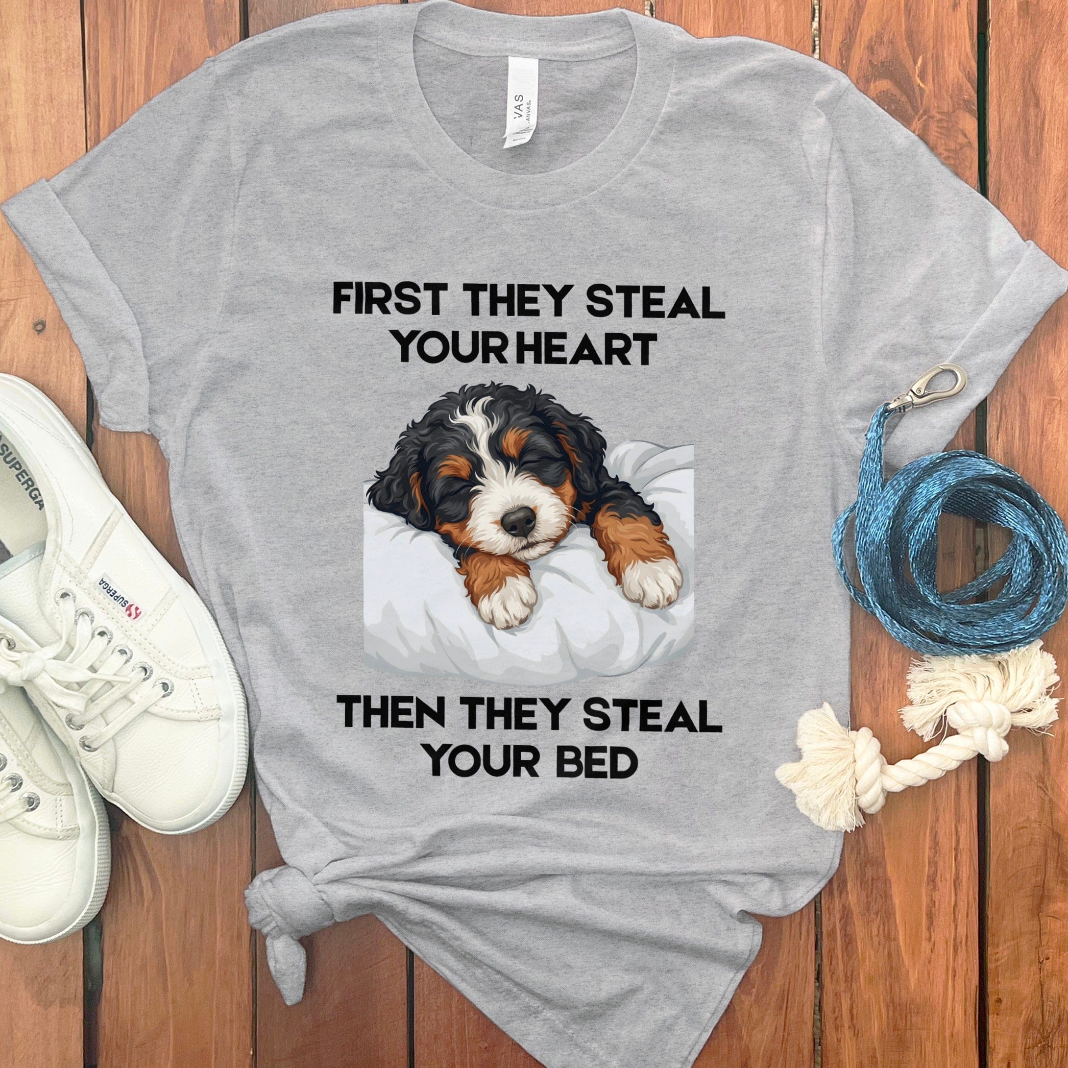 Bernedoodle Steal Heart T-Shirt in Athletic Heather / S by Puppy Jo