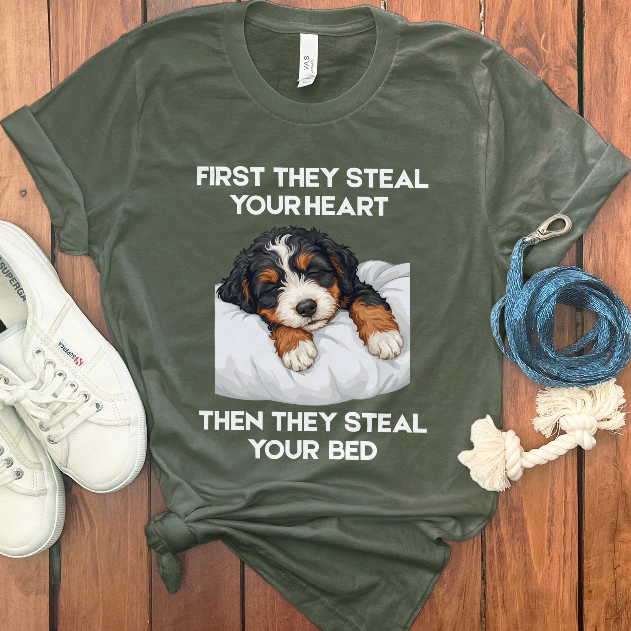 Bernedoodle Steal Heart T-Shirt in Military Green / S by Puppy Jo