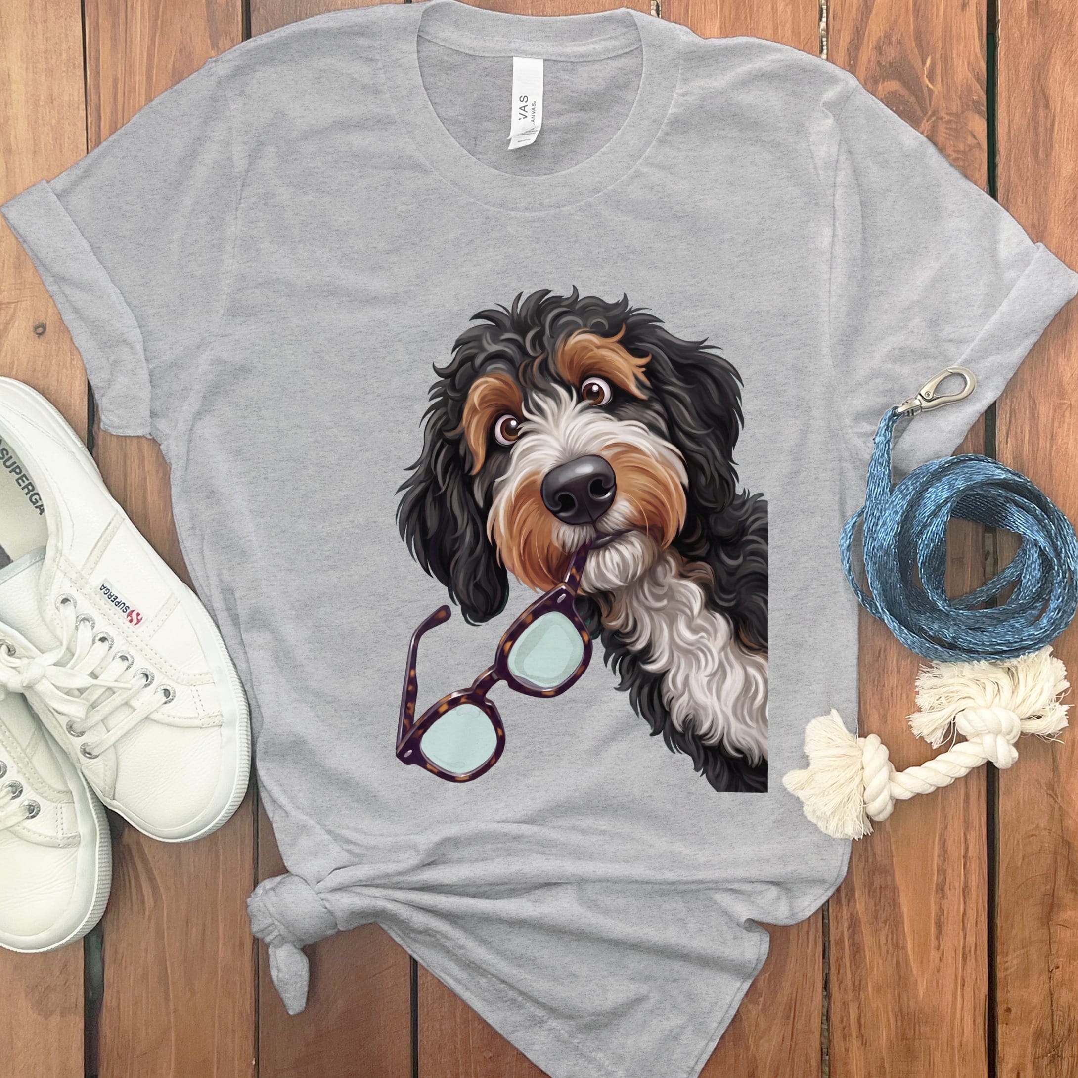 Bernedoodle Stolen Glasses T-Shirt in Athletic Heather / S by Puppy Jo