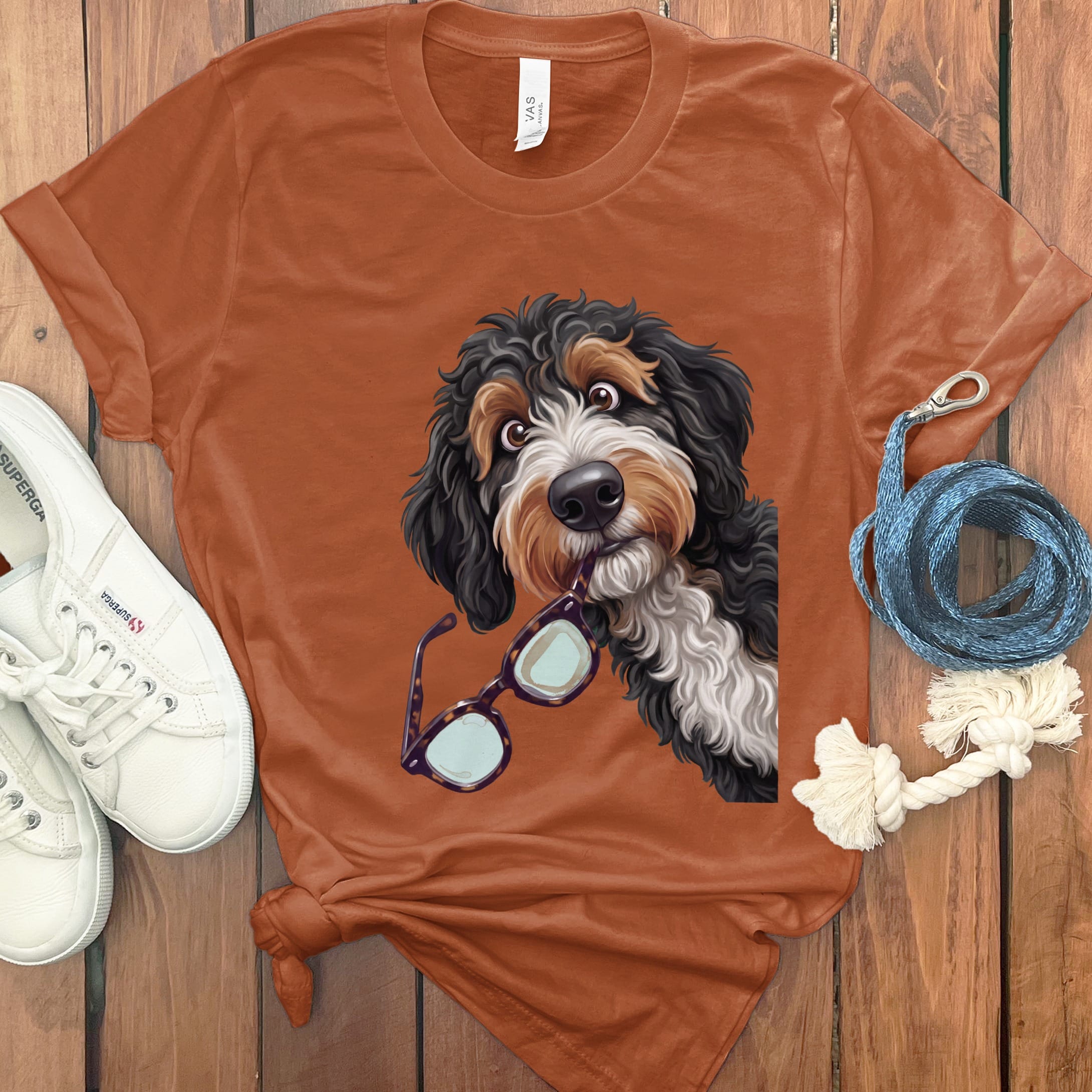 Bernedoodle Stolen Glasses T-Shirt in Autumn / S by Puppy Jo