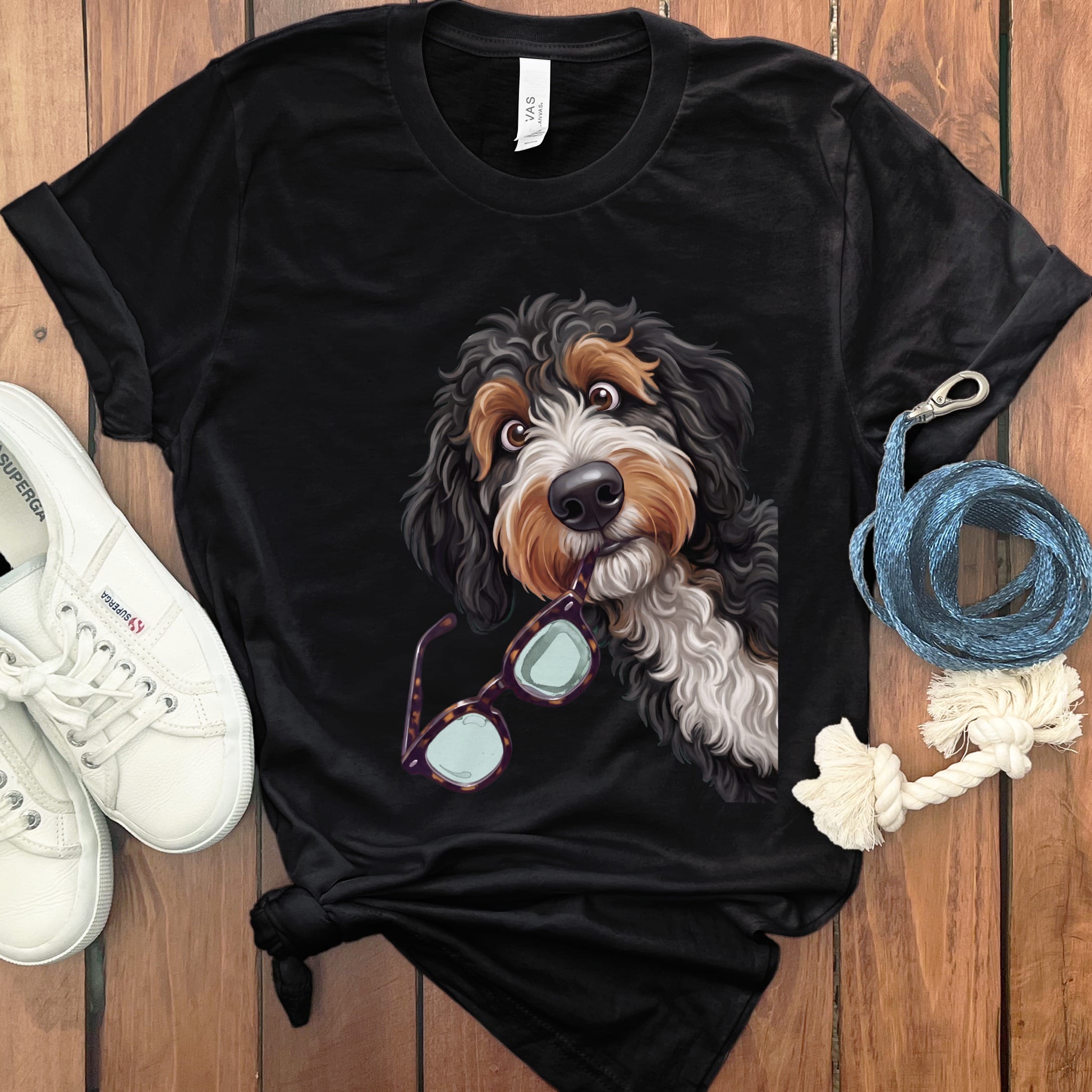 Bernedoodle Stolen Glasses T-Shirt in Black / S by Puppy Jo