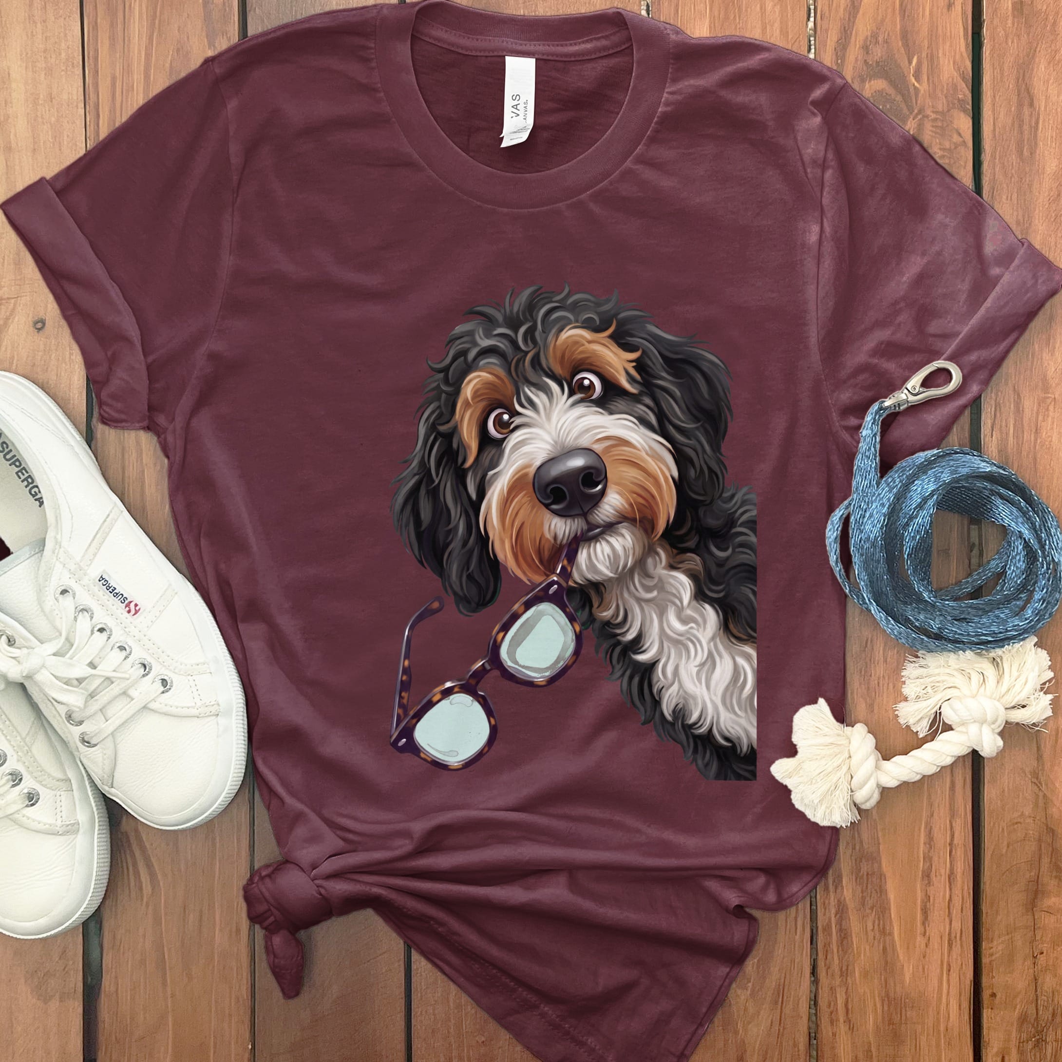 Bernedoodle Stolen Glasses T-Shirt in Maroon / S by Puppy Jo
