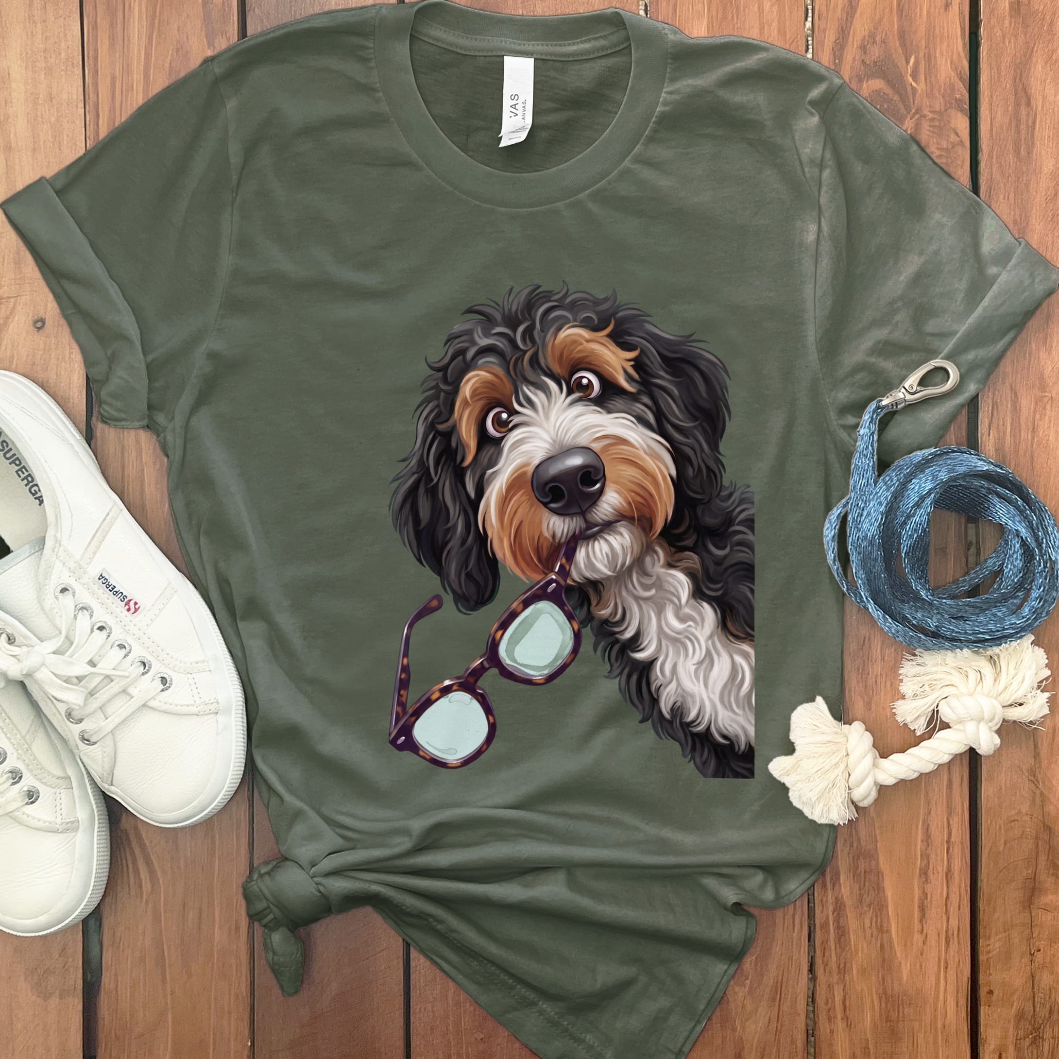 Bernedoodle Stolen Glasses T-Shirt in Military Green / S by Puppy Jo