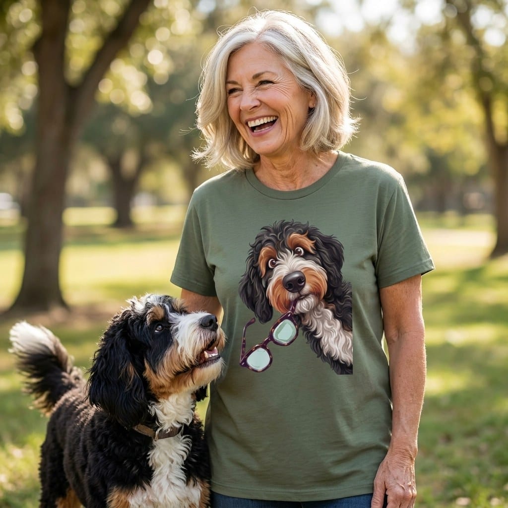 Bernedoodle Stolen Glasses T-Shirt in by Puppy Jo
