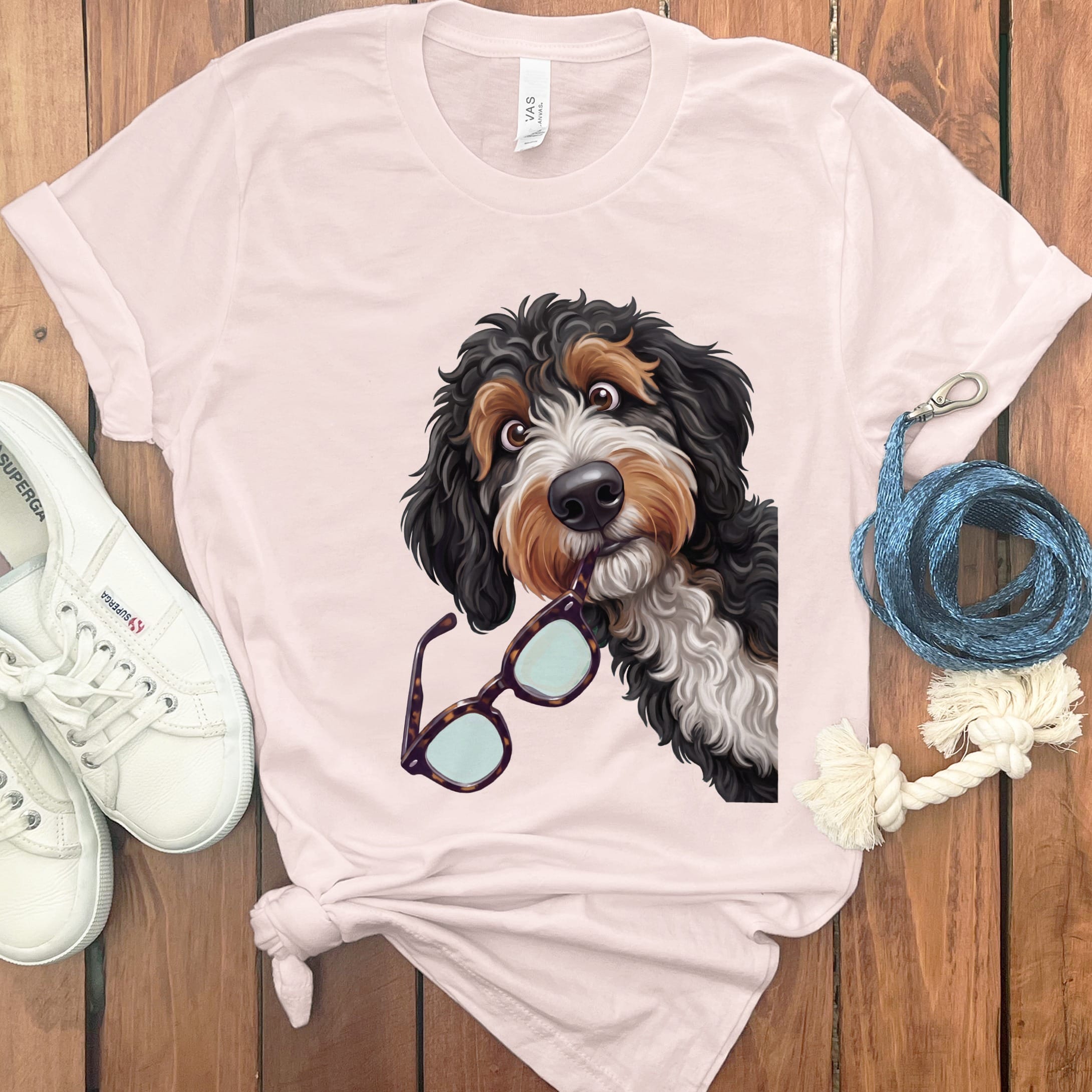 Bernedoodle Stolen Glasses T-Shirt in Soft Pink / S by Puppy Jo