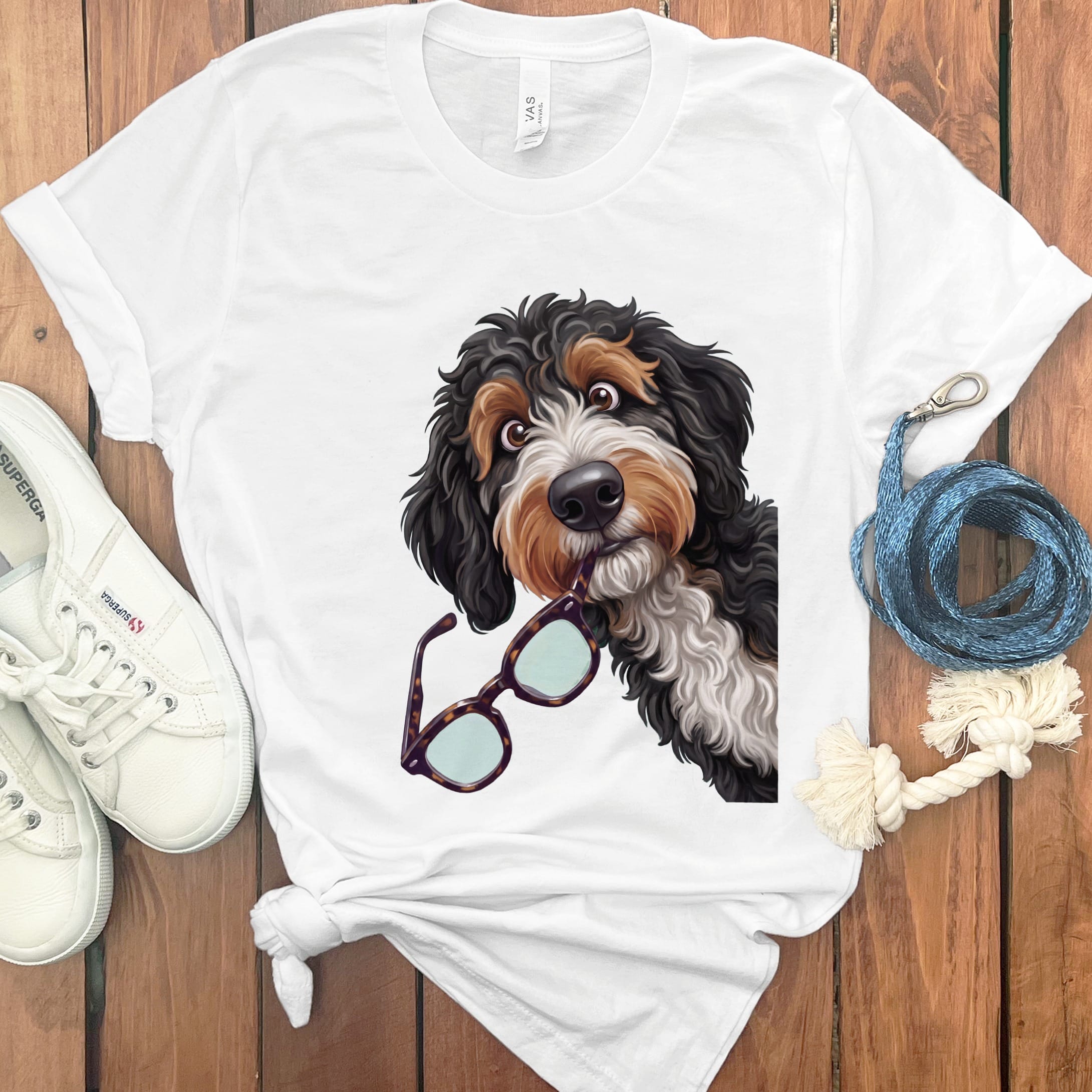 Bernedoodle Stolen Glasses T-Shirt in White / S by Puppy Jo