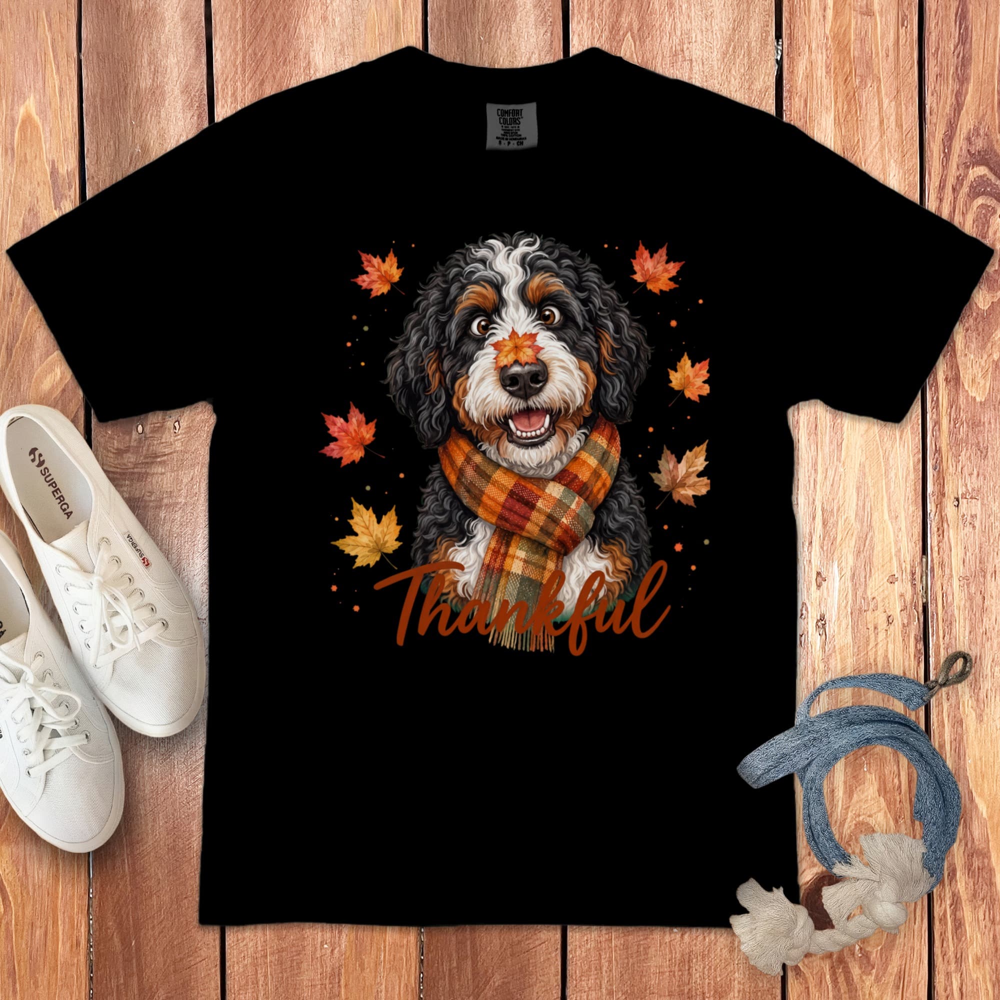 Bernedoodle Thankful Signature T-Shirt in Black / S by Puppy Jo