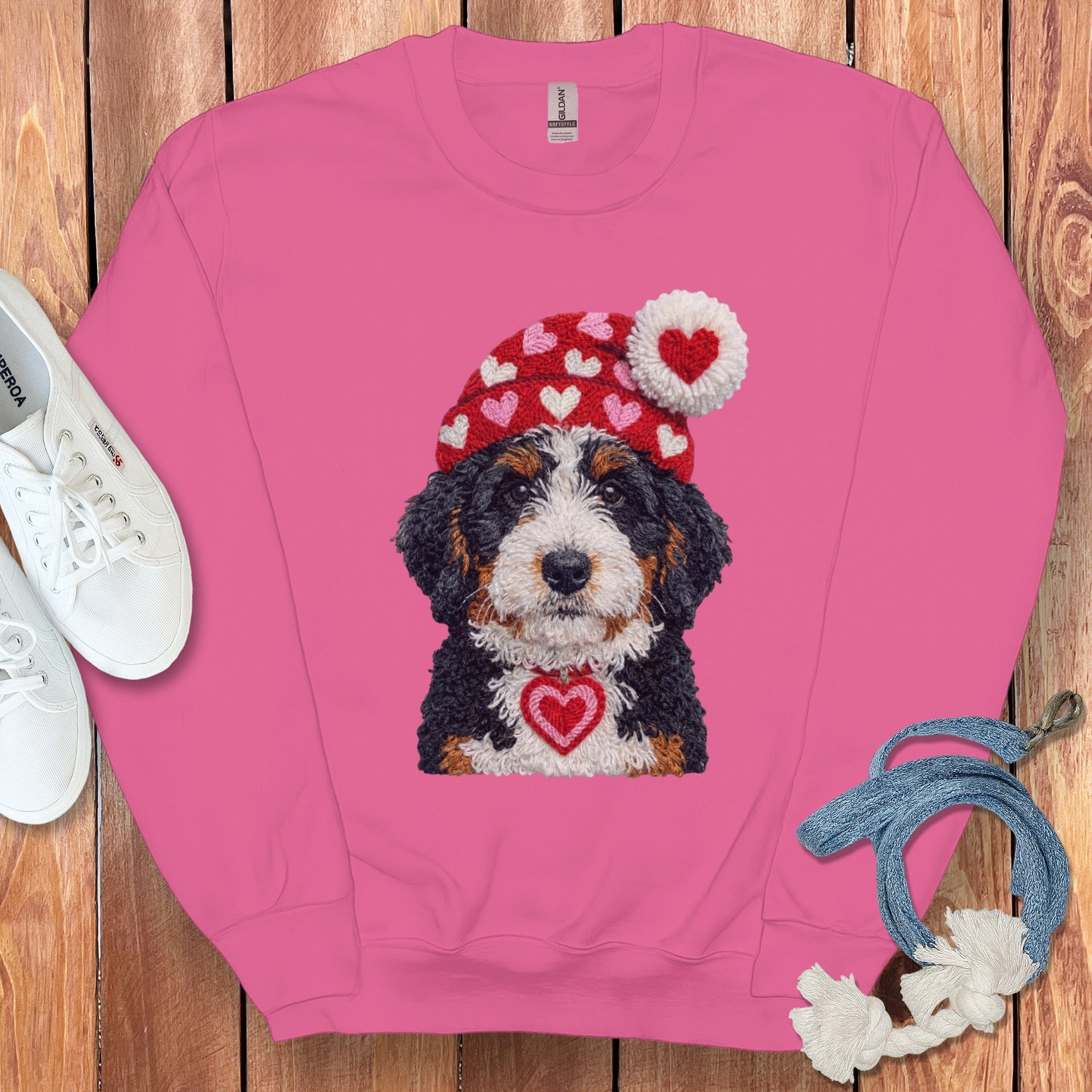 Bernedoodle Valentine Charm Faux Yarn Sweatshirt in Heliconia / S by Puppy Jo