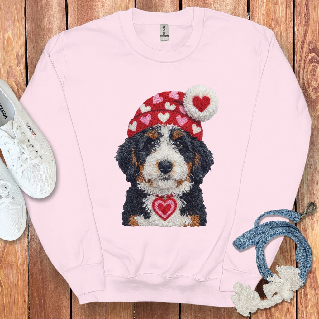Bernedoodle Valentine Charm Faux Yarn Sweatshirt in Light Pink / S by Puppy Jo