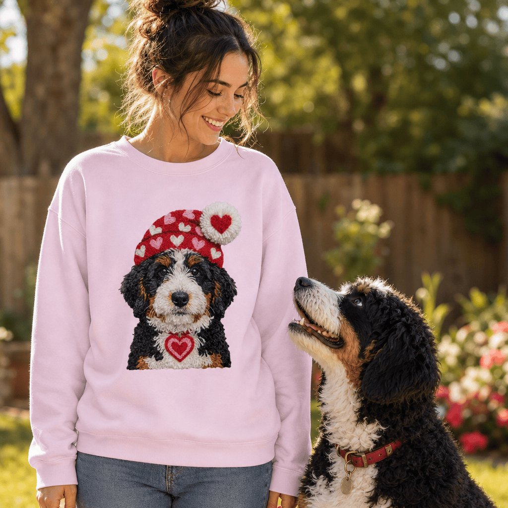 Bernedoodle Valentine Charm Faux Yarn Sweatshirt in by Puppy Jo