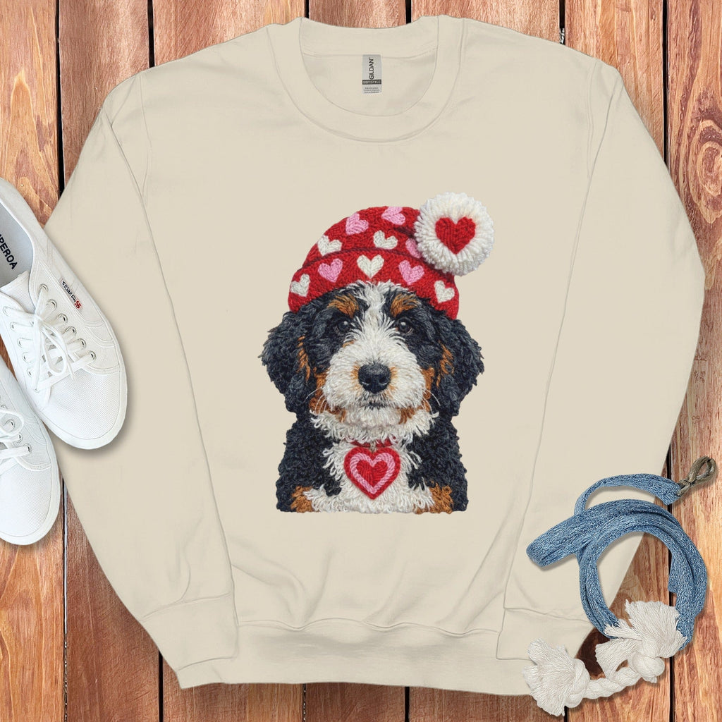 Bernedoodle Valentine Charm Faux Yarn Sweatshirt in Sand / S by Puppy Jo