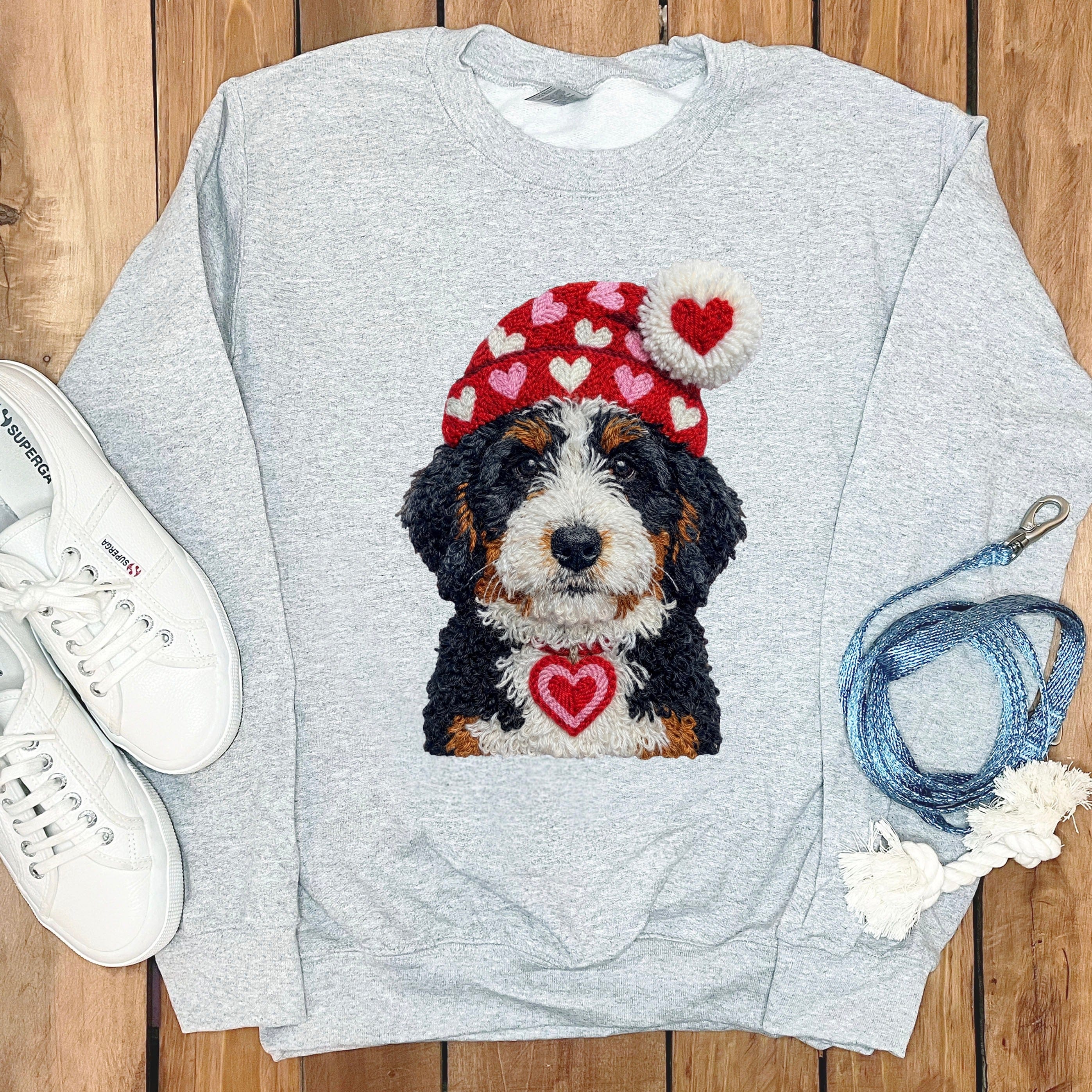 Bernedoodle Valentine Charm Faux Yarn Sweatshirt in Sport Grey / S by Puppy Jo