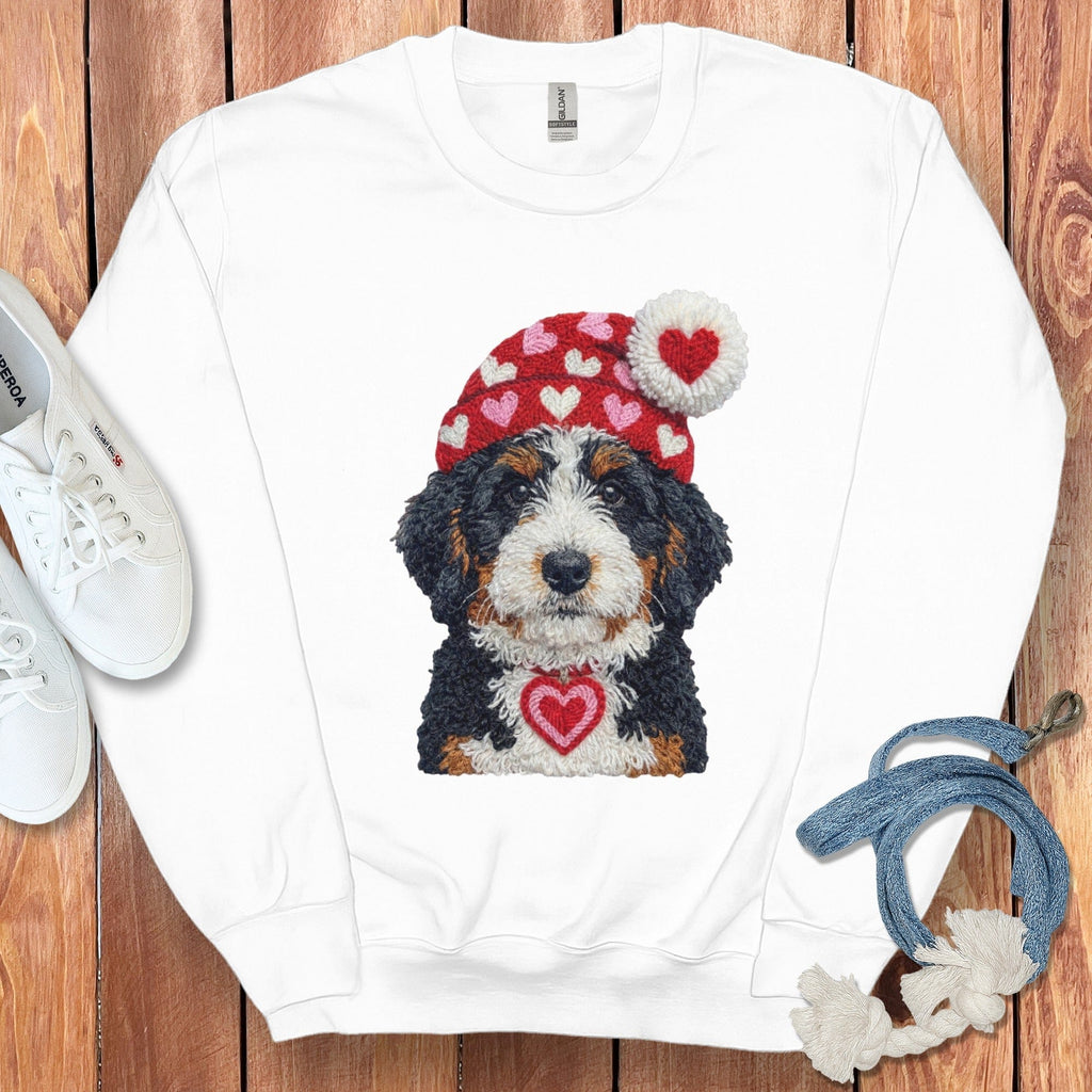 Bernedoodle Valentine Charm Faux Yarn Sweatshirt in White / S by Puppy Jo